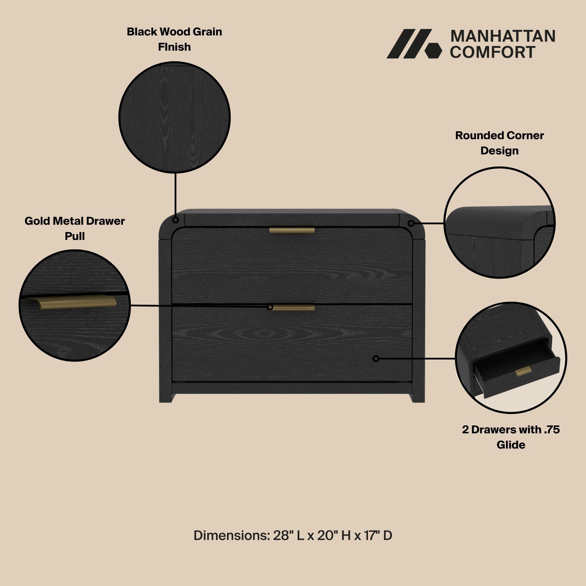 Manhattan Comfort Grace 28" 2 Drawer Nightstand, Black/Gold, large