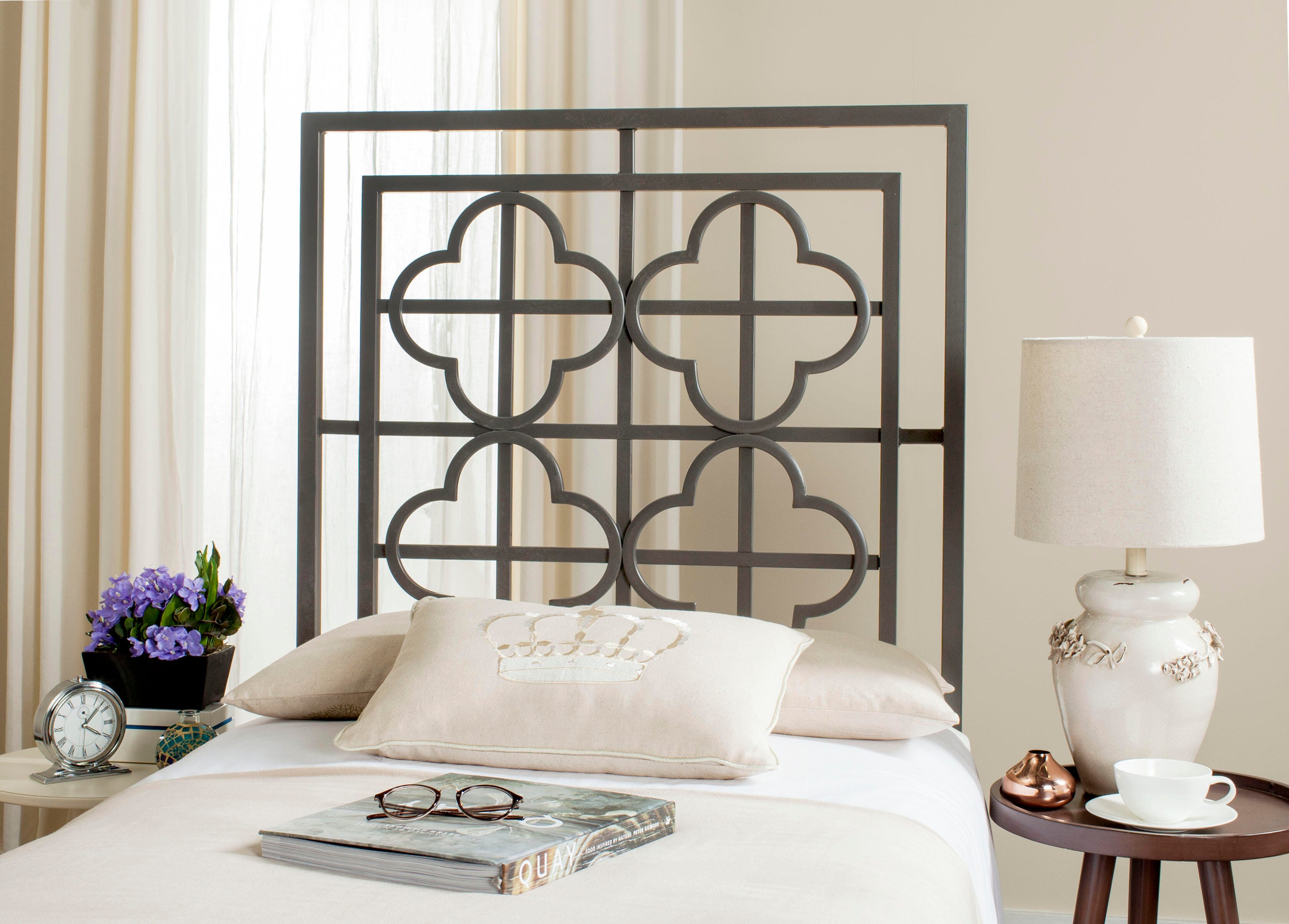 Safavieh Lucinda King Open Quatrefoil Headboard, Gunmetal, rollover