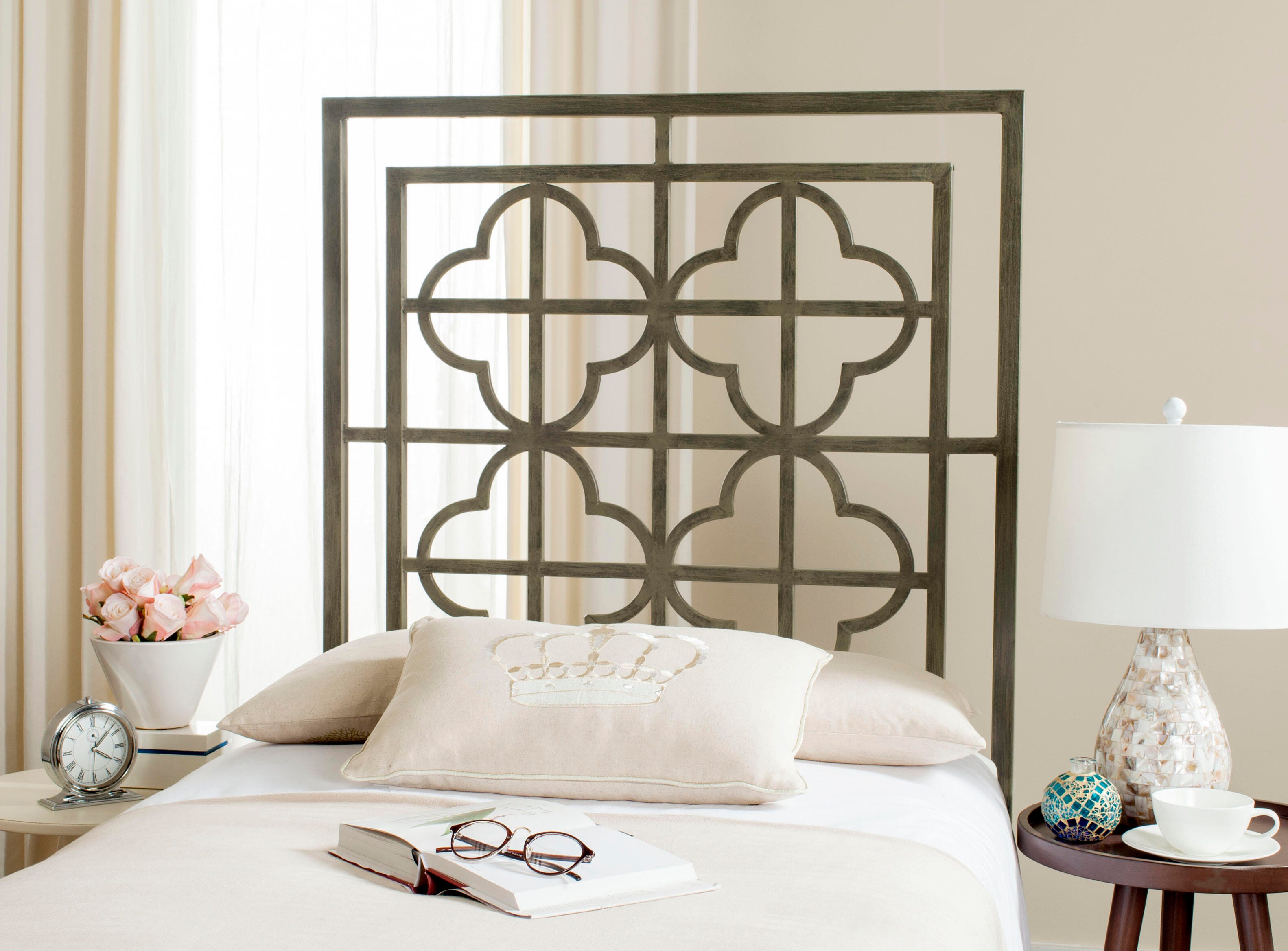 Safavieh Lucinda King Open Quatrefoil Headboard, Distressed Brass, rollover