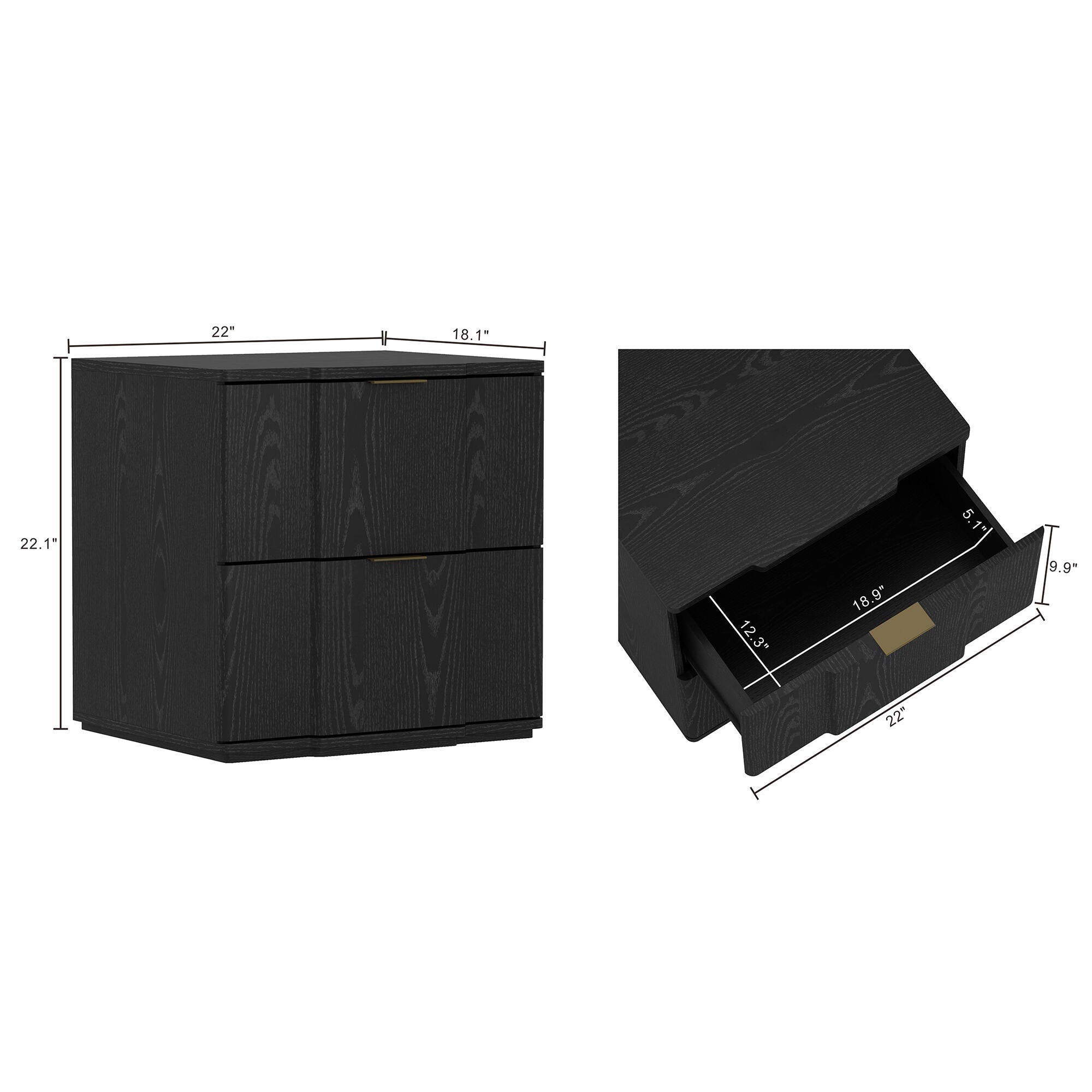 Manhattan Comfort Clive 22" 2 Drawer Nightstand, Black/Gold, large