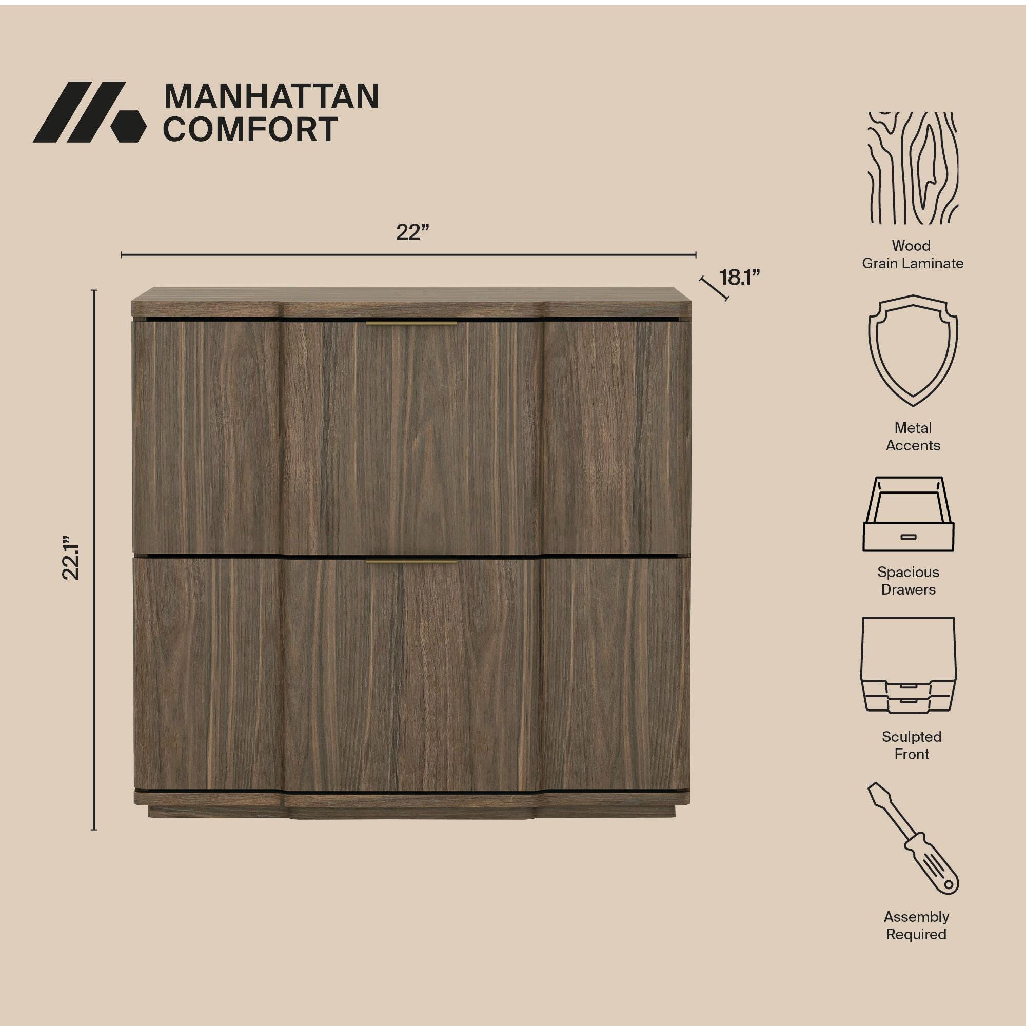 Manhattan Comfort Clive 22" 2 Drawer Nightstand, Walnut/Gold, large