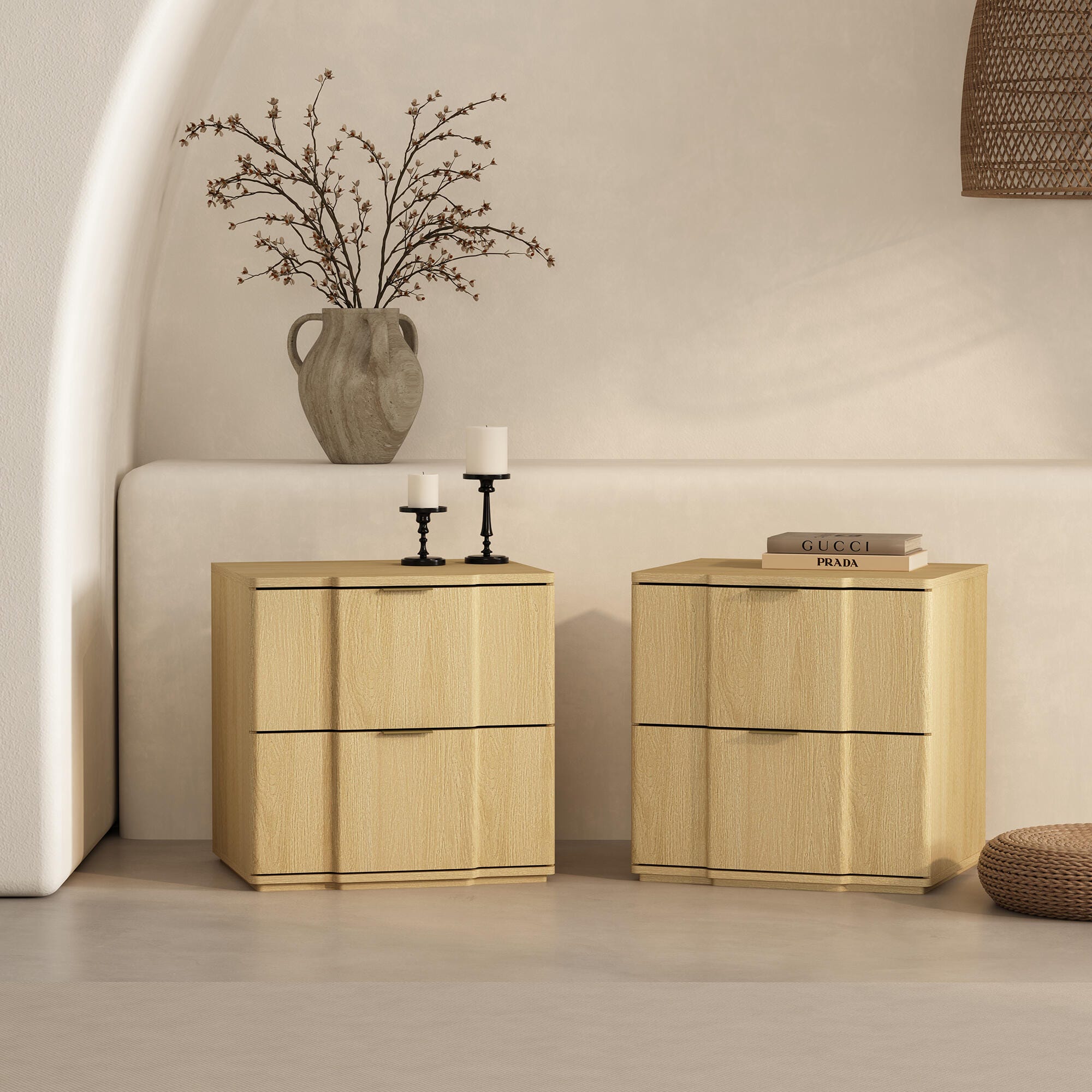 Manhattan Comfort Clive 22" 2 Drawer Nightstand, Natural/Gold, large