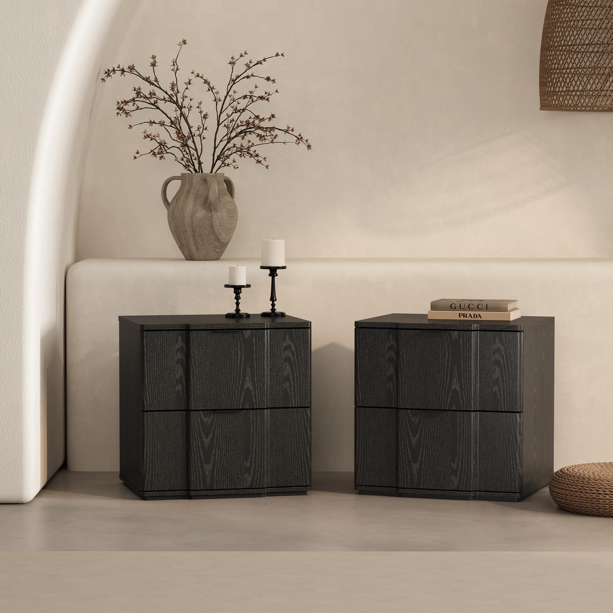 Manhattan Comfort Clive 22" 2 Drawer Nightstand, Black, large