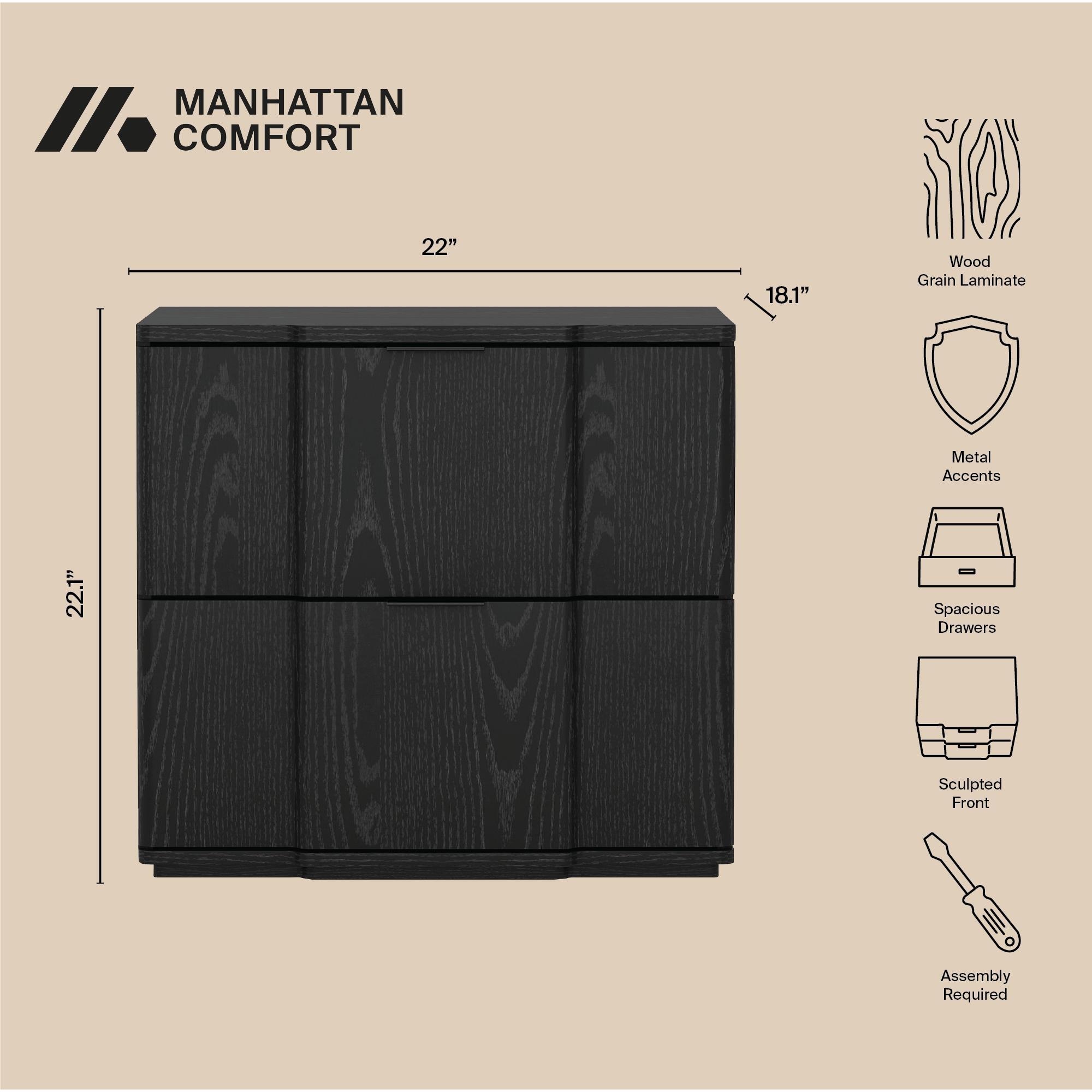 Manhattan Comfort Clive 22" 2 Drawer Nightstand, Black, large