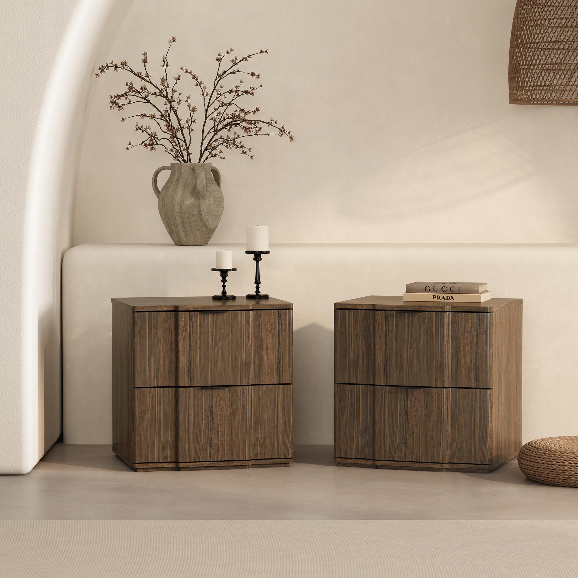 Manhattan Comfort Clive 22" 2 Drawer Nightstand, Walnut/Black, large