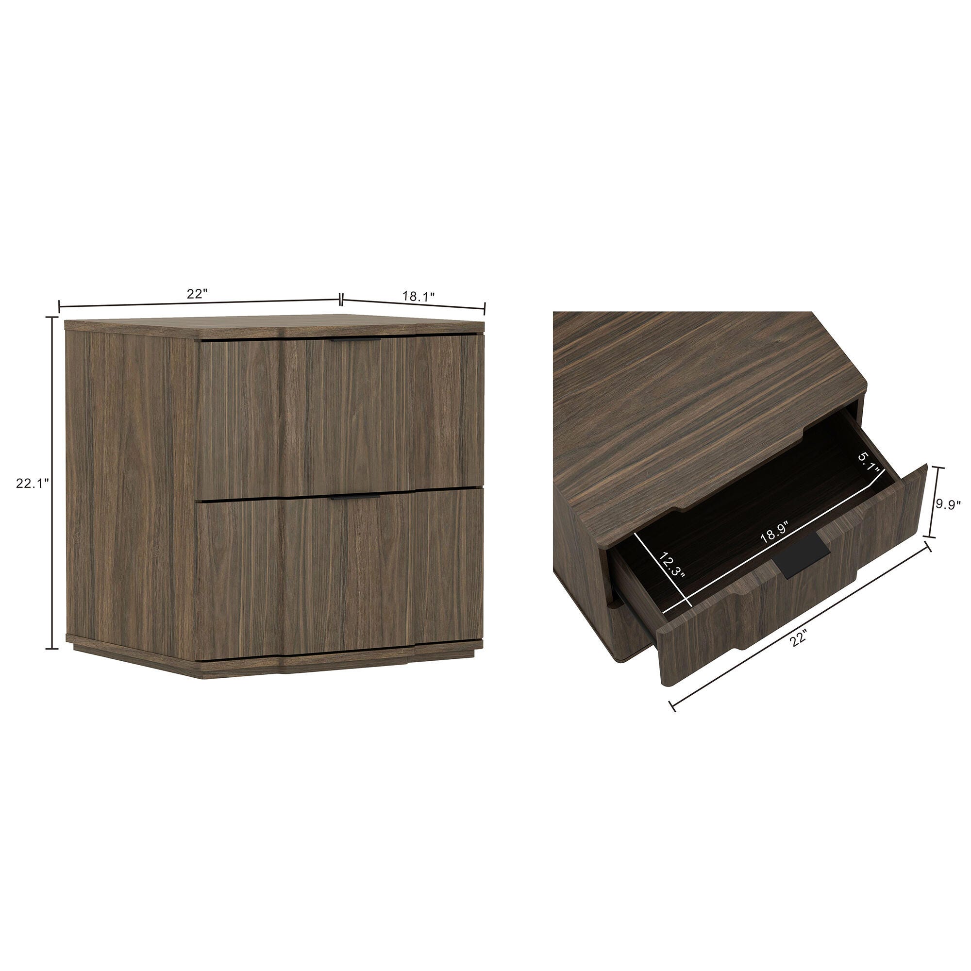 Manhattan Comfort Clive 22" 2 Drawer Nightstand, Walnut/Black, large