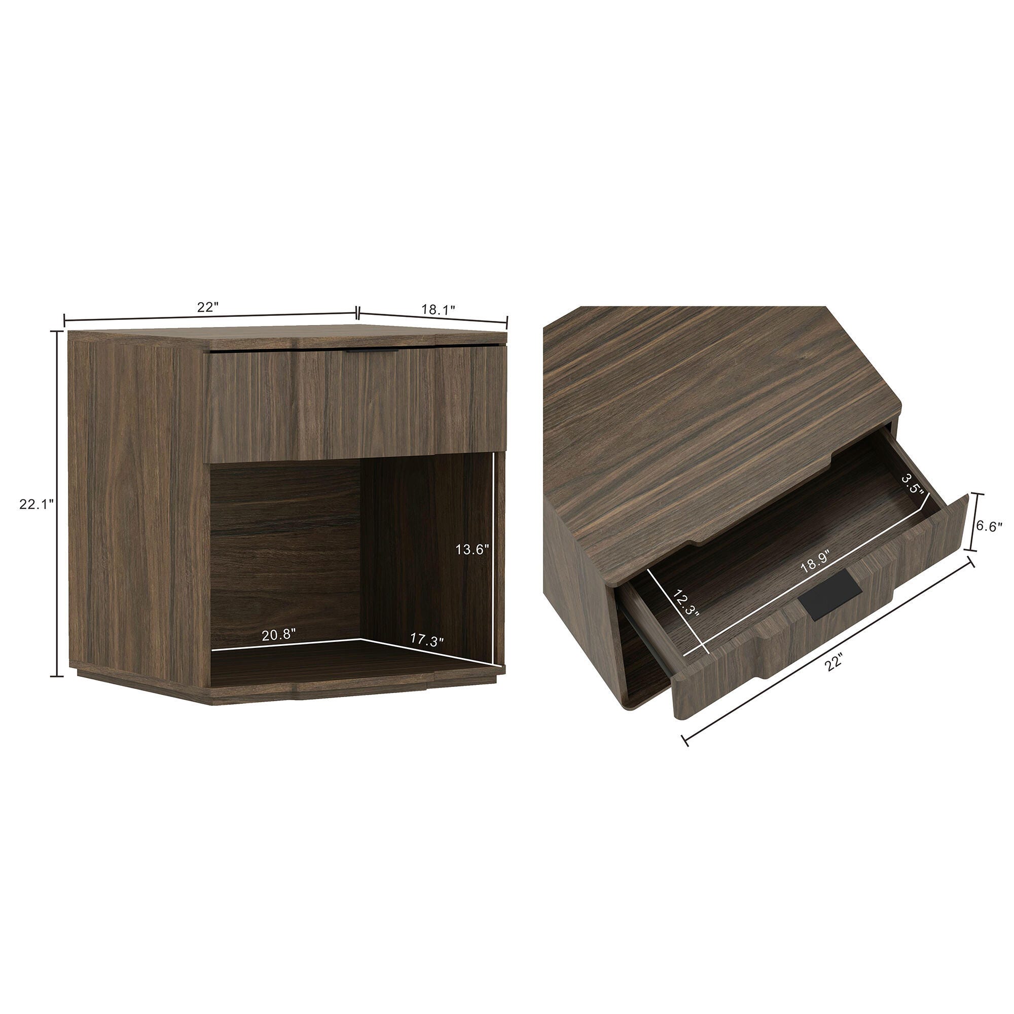 Manhattan Comfort Clive 22" 1 Drawer Nightstand, Walnut, large