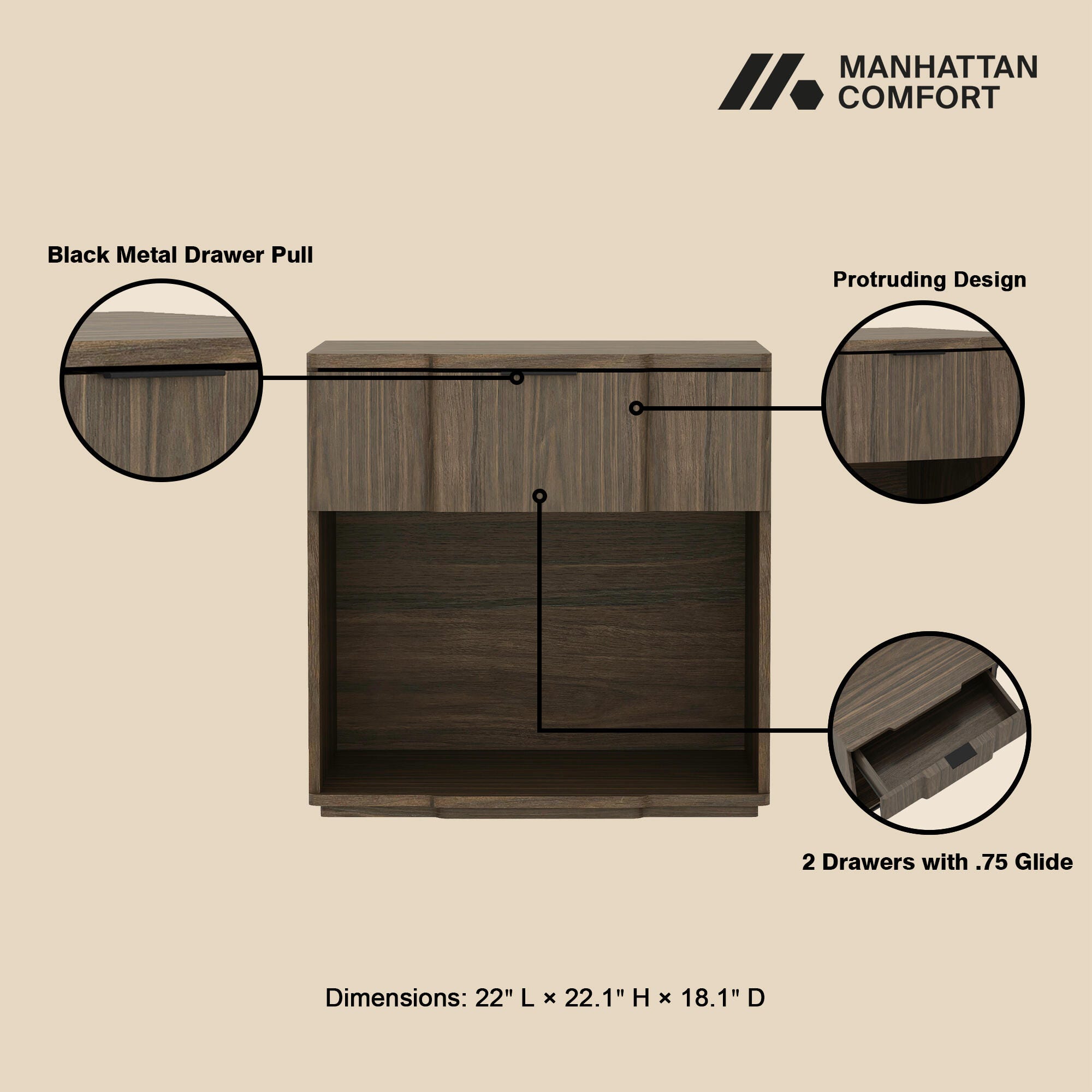 Manhattan Comfort Clive 22" 1 Drawer Nightstand, Walnut, large