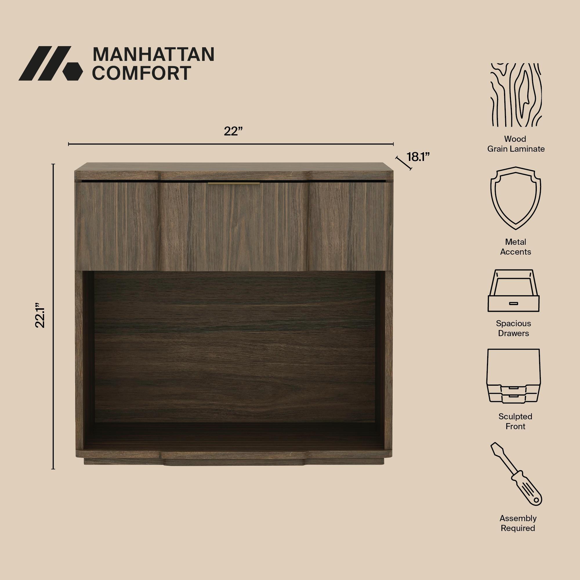 Manhattan Comfort Clive 22" 1 Drawer Nightstand, Walnut, large