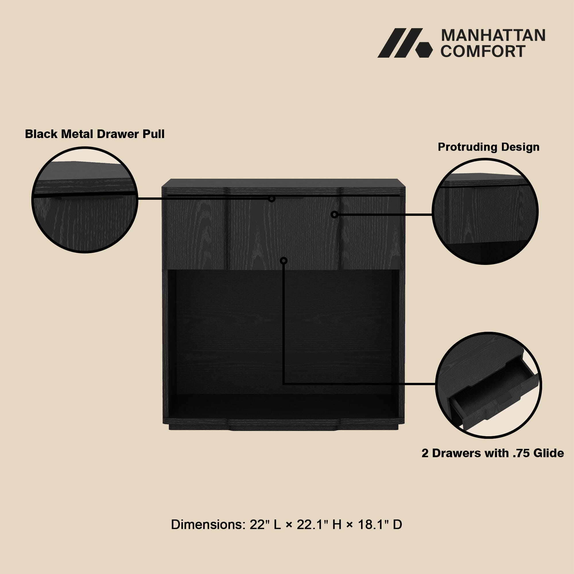 Manhattan Comfort Clive 22" 1 Drawer Nightstand, Black, large