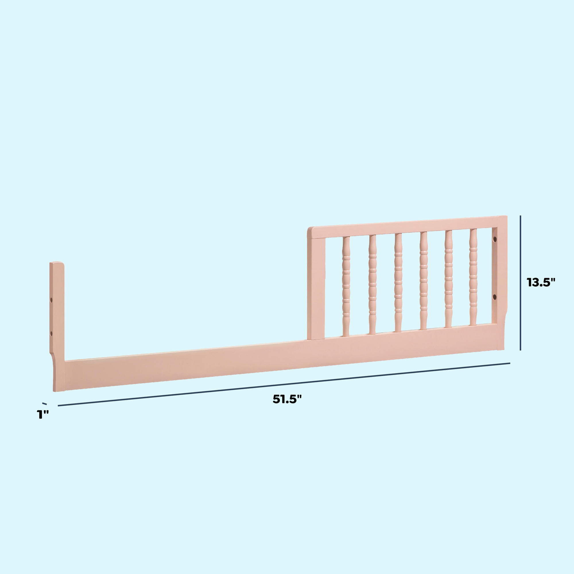 Blush pink toddler bed conversion railing frame with dimensions.