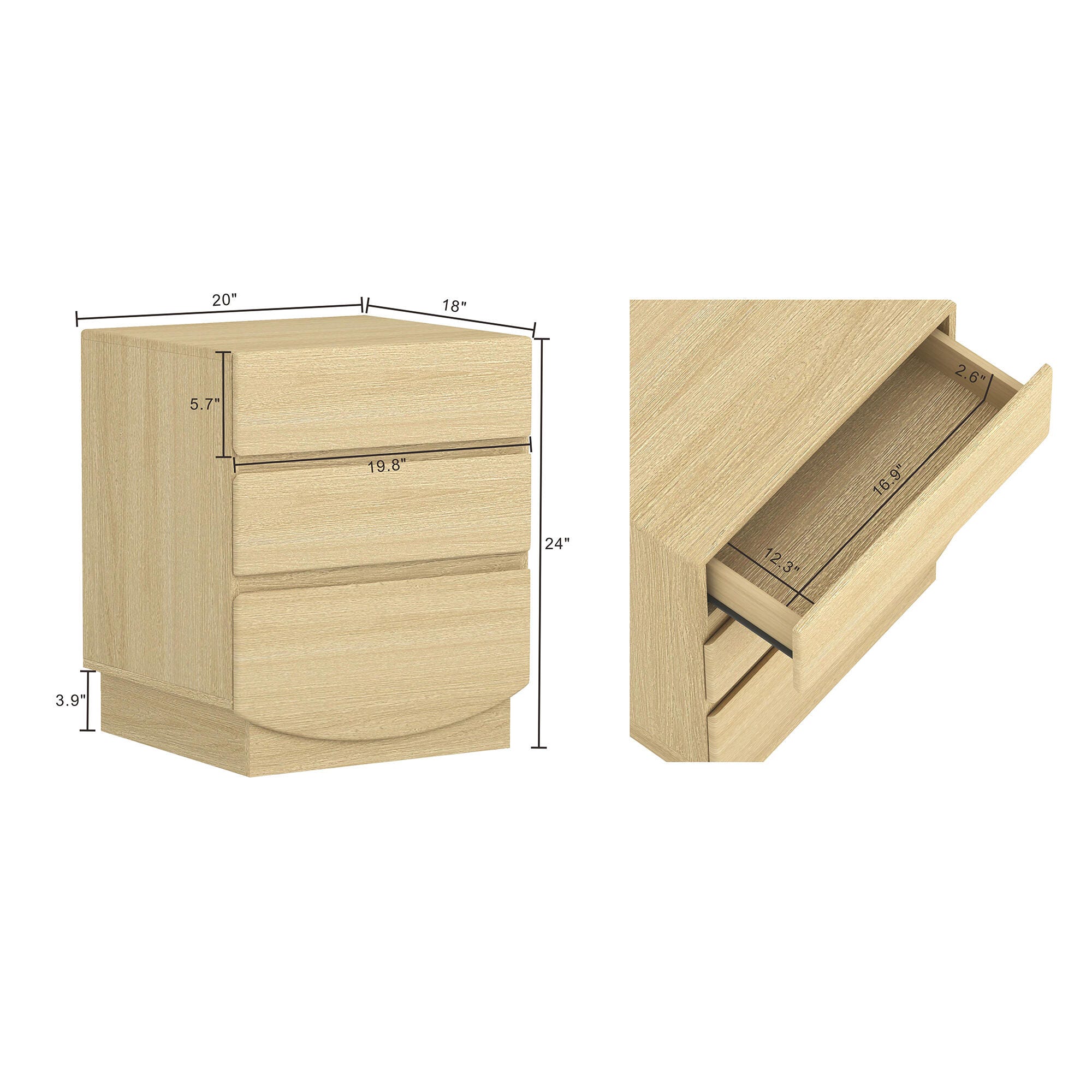 Manhattan Comfort Ardea 20" 3 Drawer Nightstand, Natural Oak, large