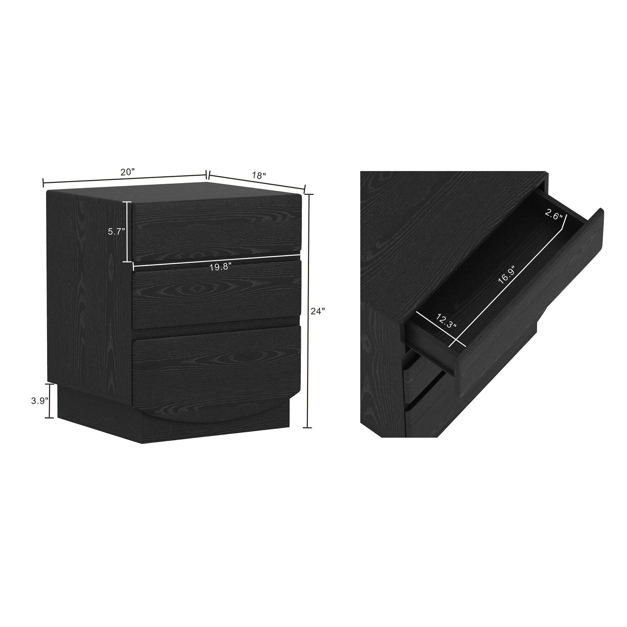 Manhattan Comfort Ardea 20" 3 Drawer Nightstand, Black, large