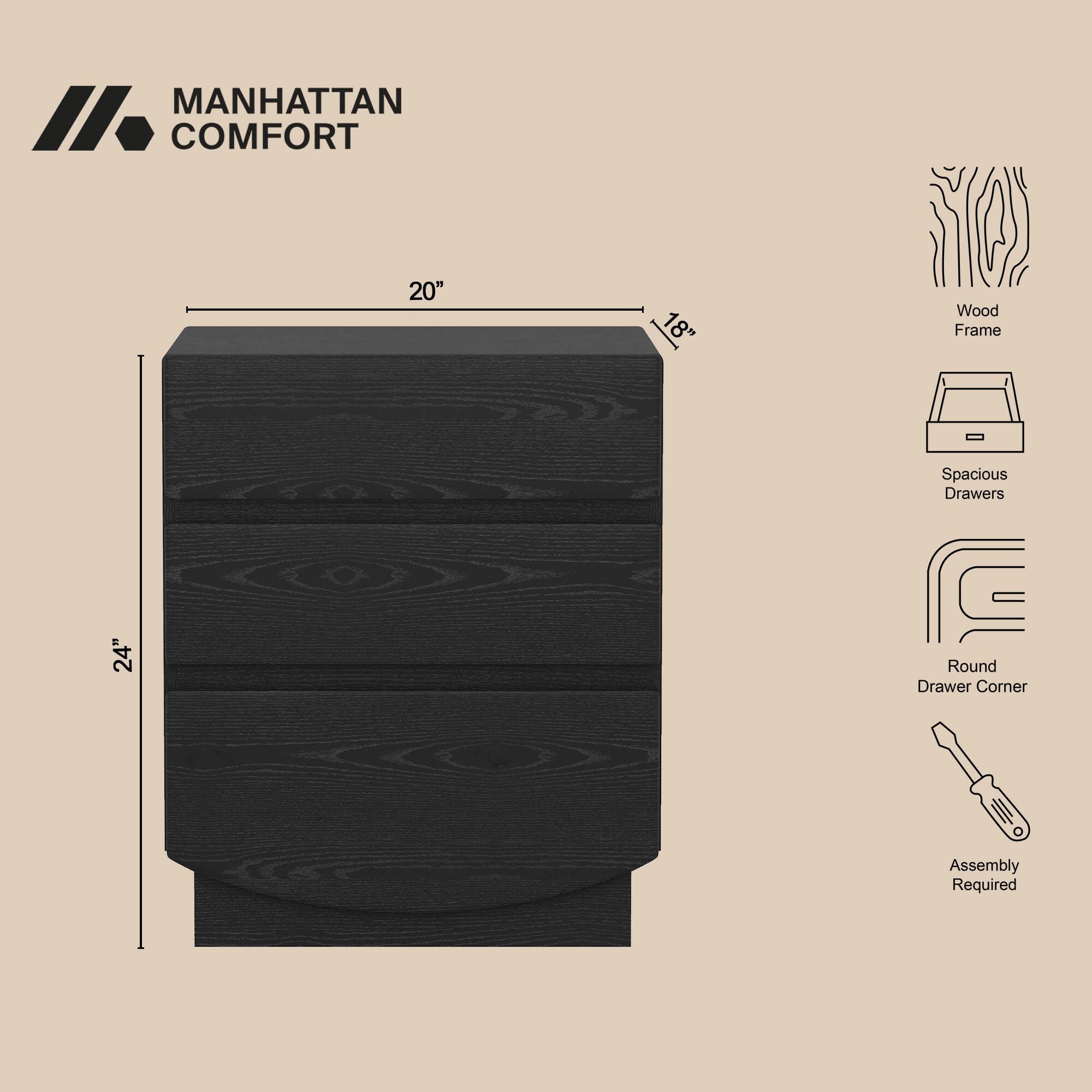 Manhattan Comfort Ardea 20" 3 Drawer Nightstand, Black, large