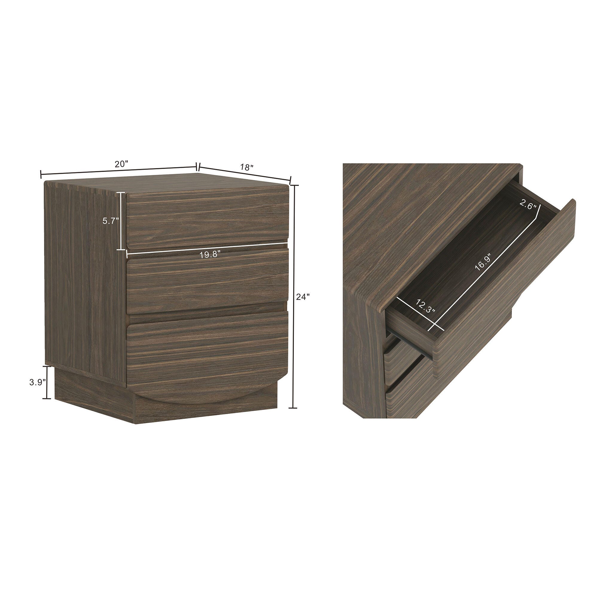 Manhattan Comfort Ardea 20" 3 Drawer Nightstand, Walnut, large