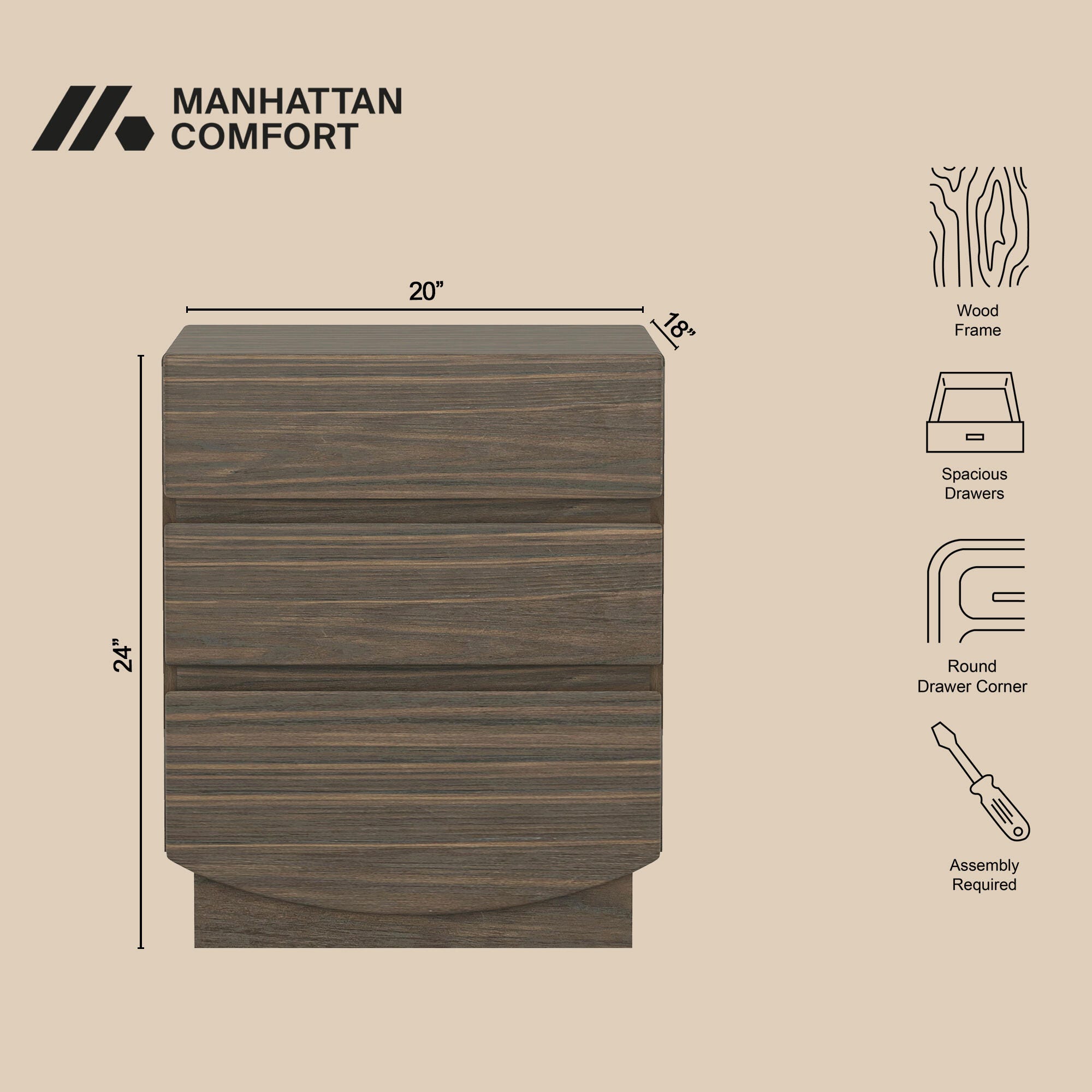 Manhattan Comfort Ardea 20" 3 Drawer Nightstand, Walnut, large