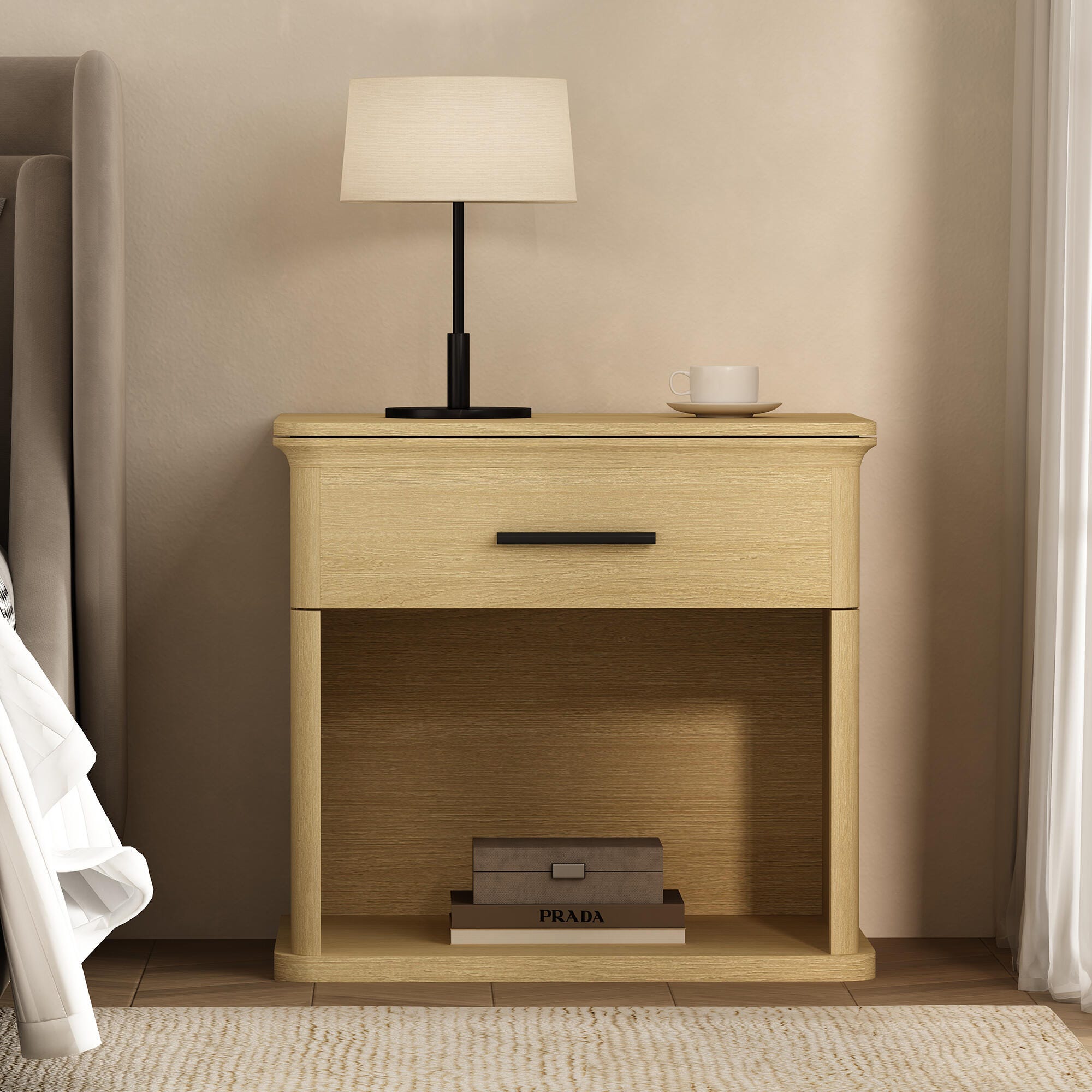 Manhattan Comfort Clifford 31" 1 Drawer Nightstand, Natural Oak/Black, rollover