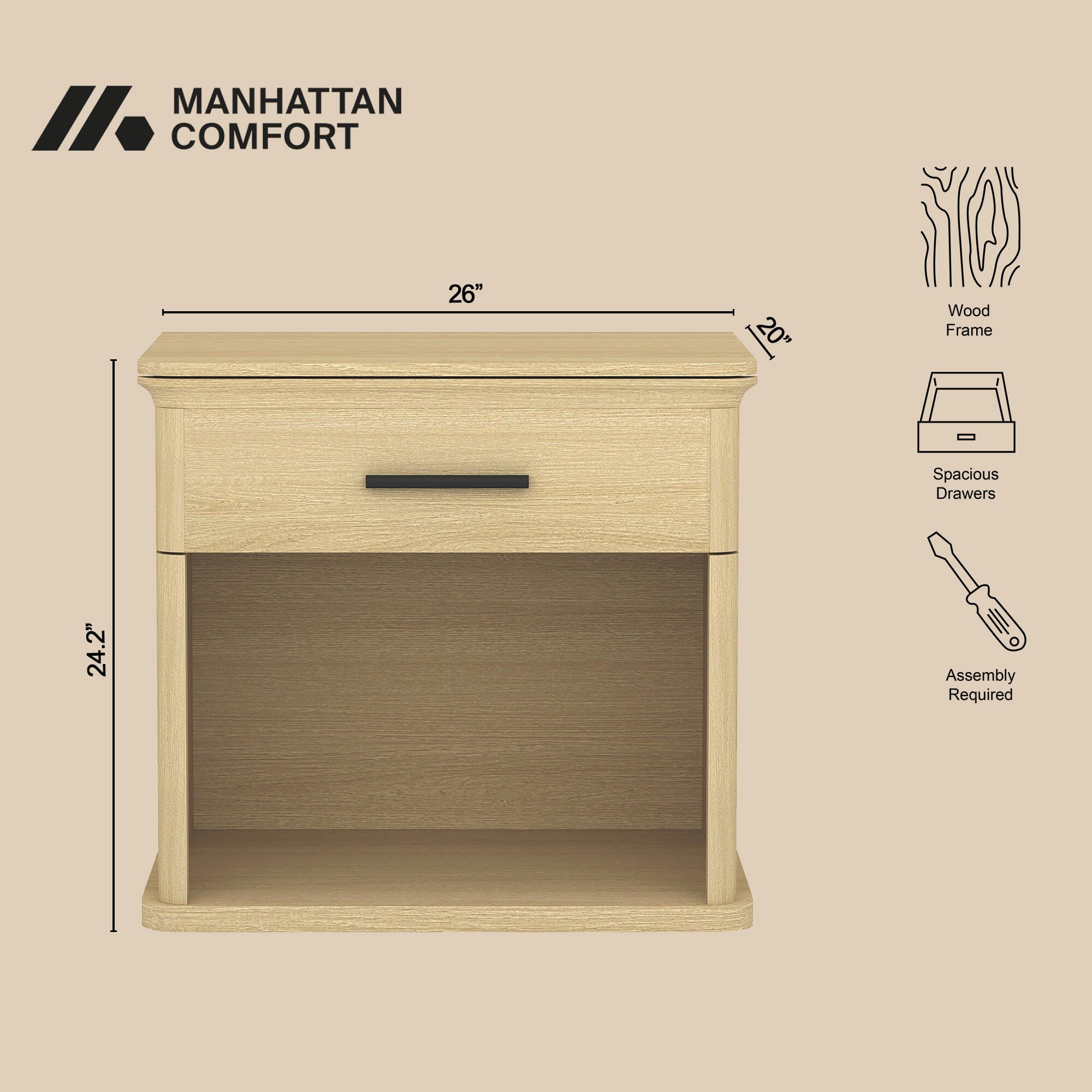 Manhattan Comfort Clifford 31" 1 Drawer Nightstand, , large