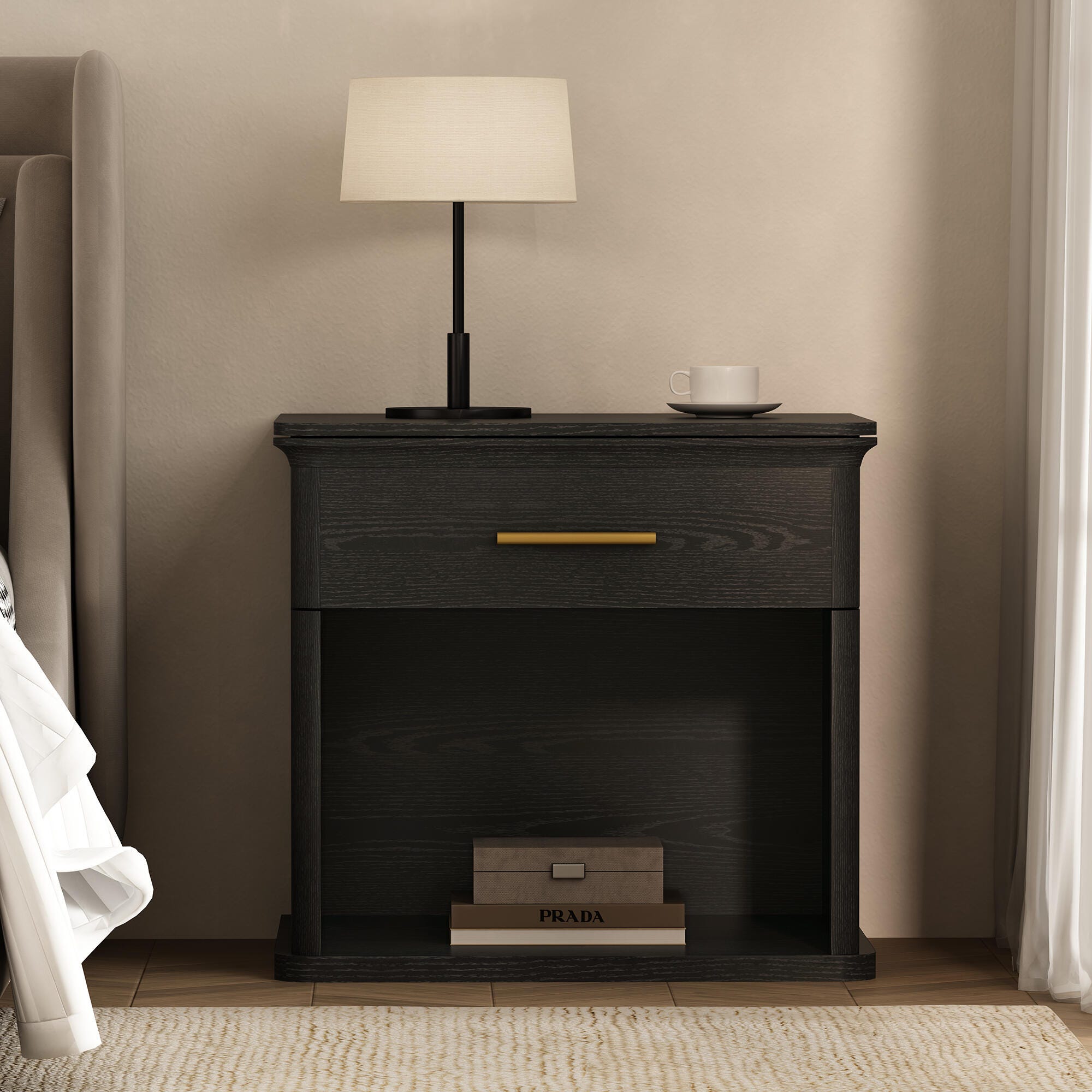 Manhattan Comfort Clifford 31" 1 Drawer Nightstand, Black/Gold, large