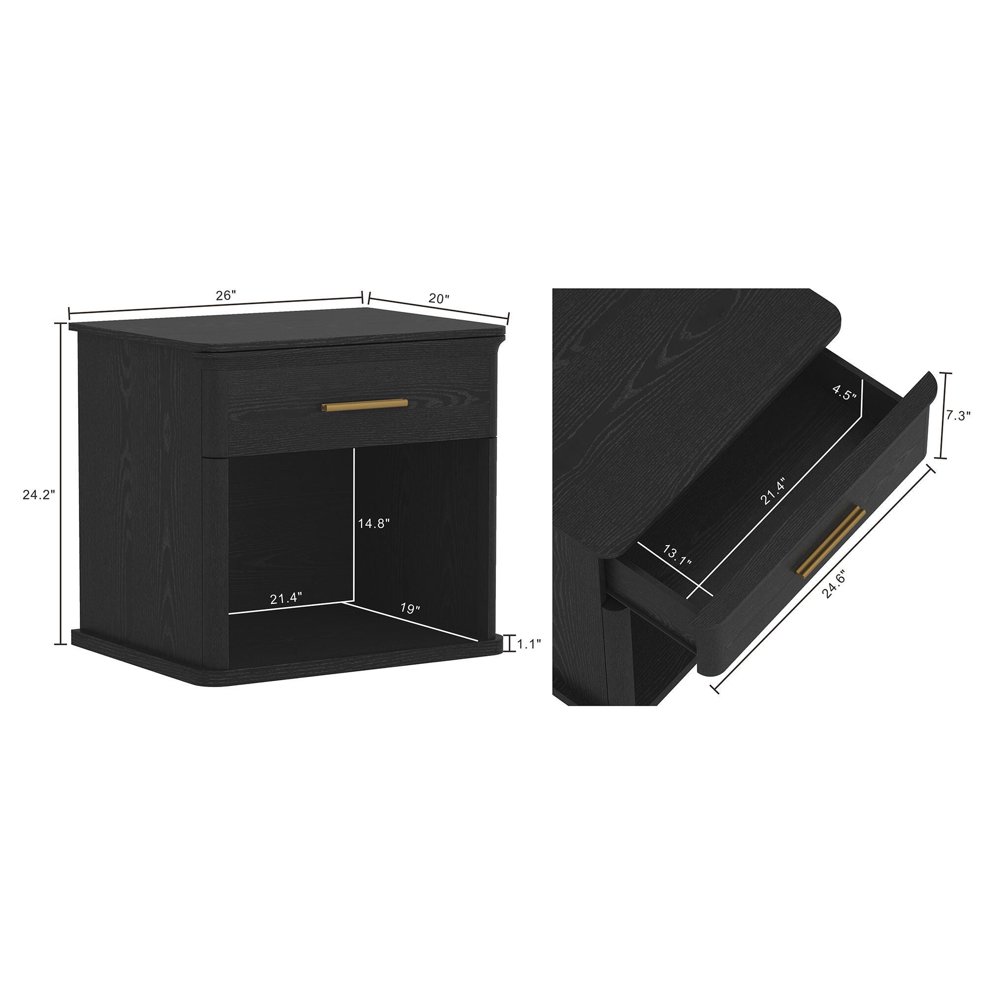 Manhattan Comfort Clifford 31" 1 Drawer Nightstand, Black/Gold, large