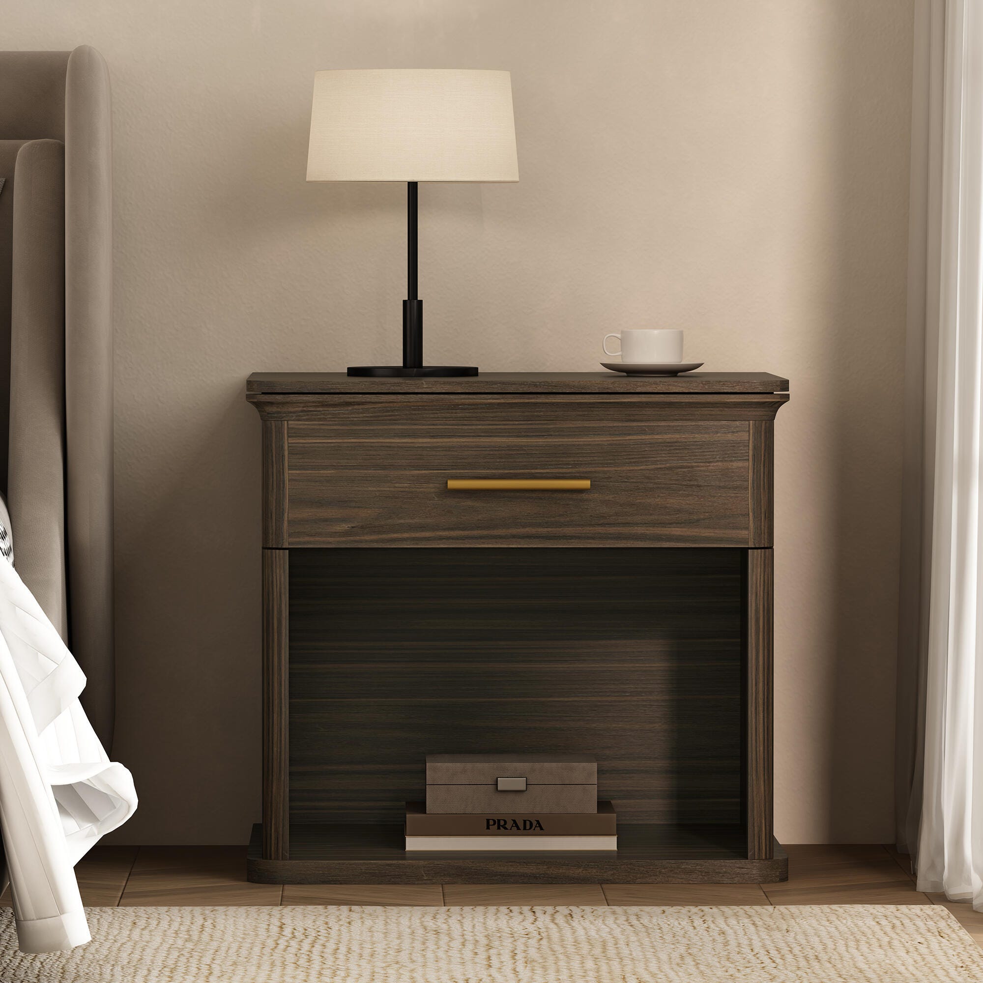 Manhattan Comfort Clifford 31" 1 Drawer Nightstand, Walnut/Gold, rollover