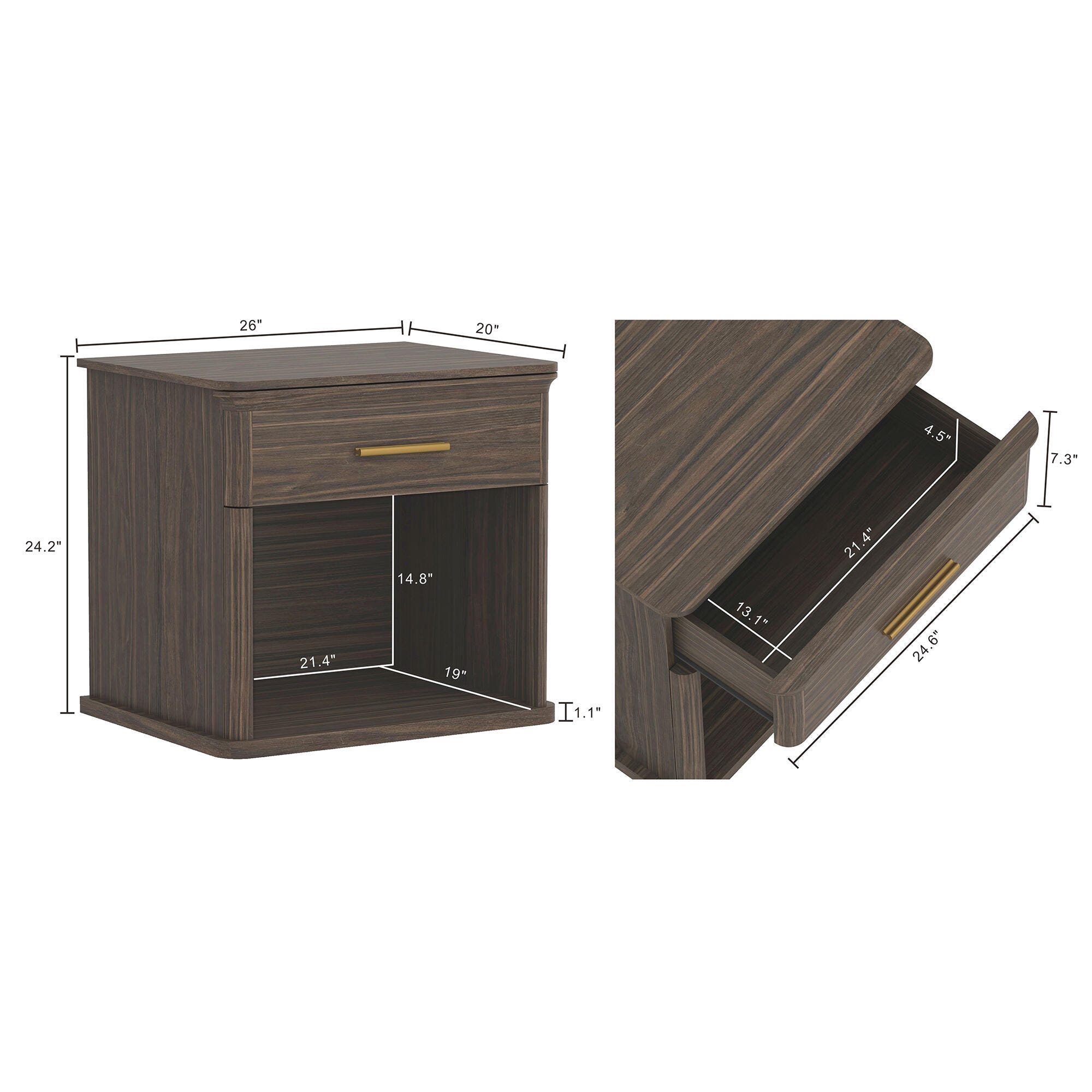 Manhattan Comfort Clifford 31" 1 Drawer Nightstand, Walnut/Gold, large