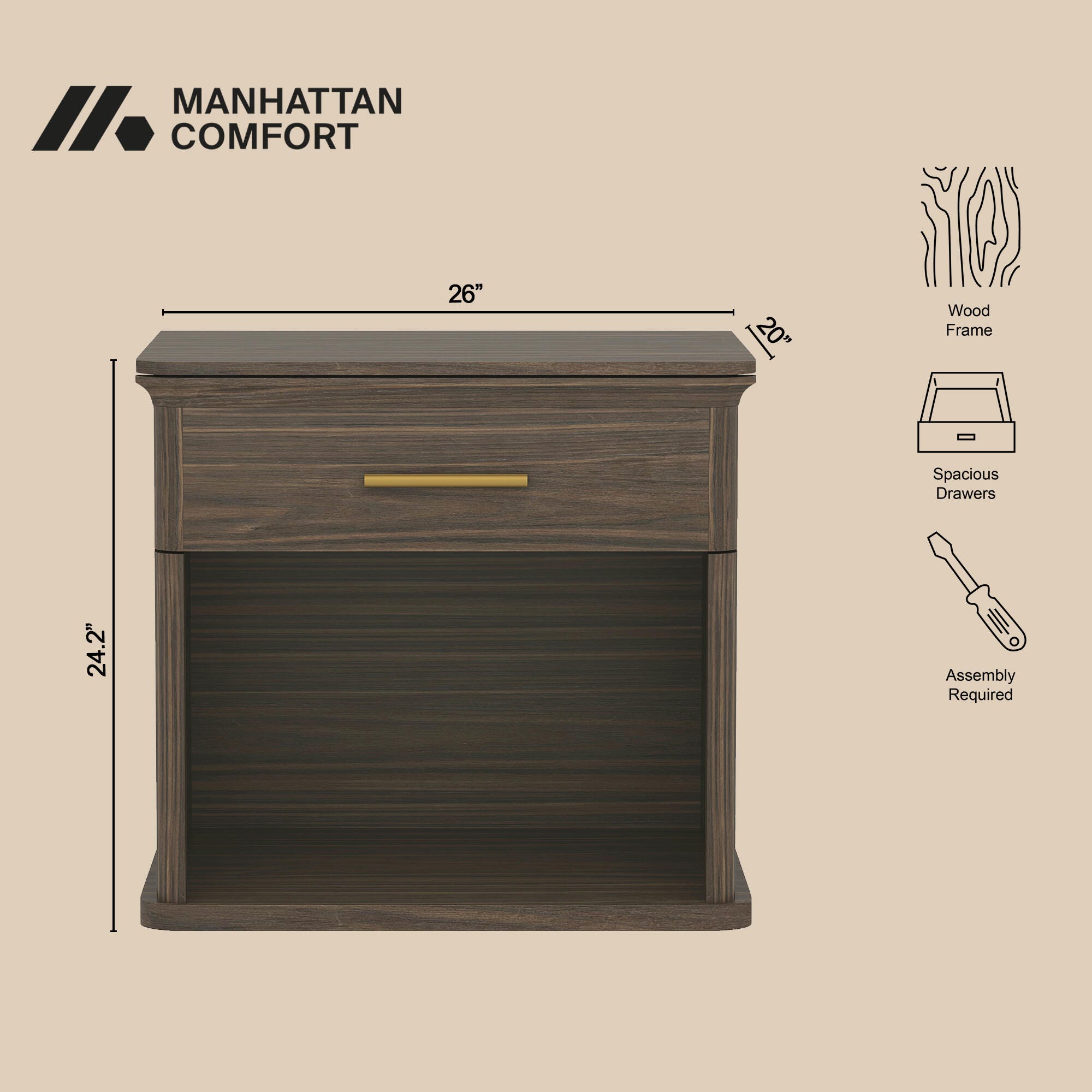 Manhattan Comfort Clifford 31" 1 Drawer Nightstand, Walnut/Gold, large