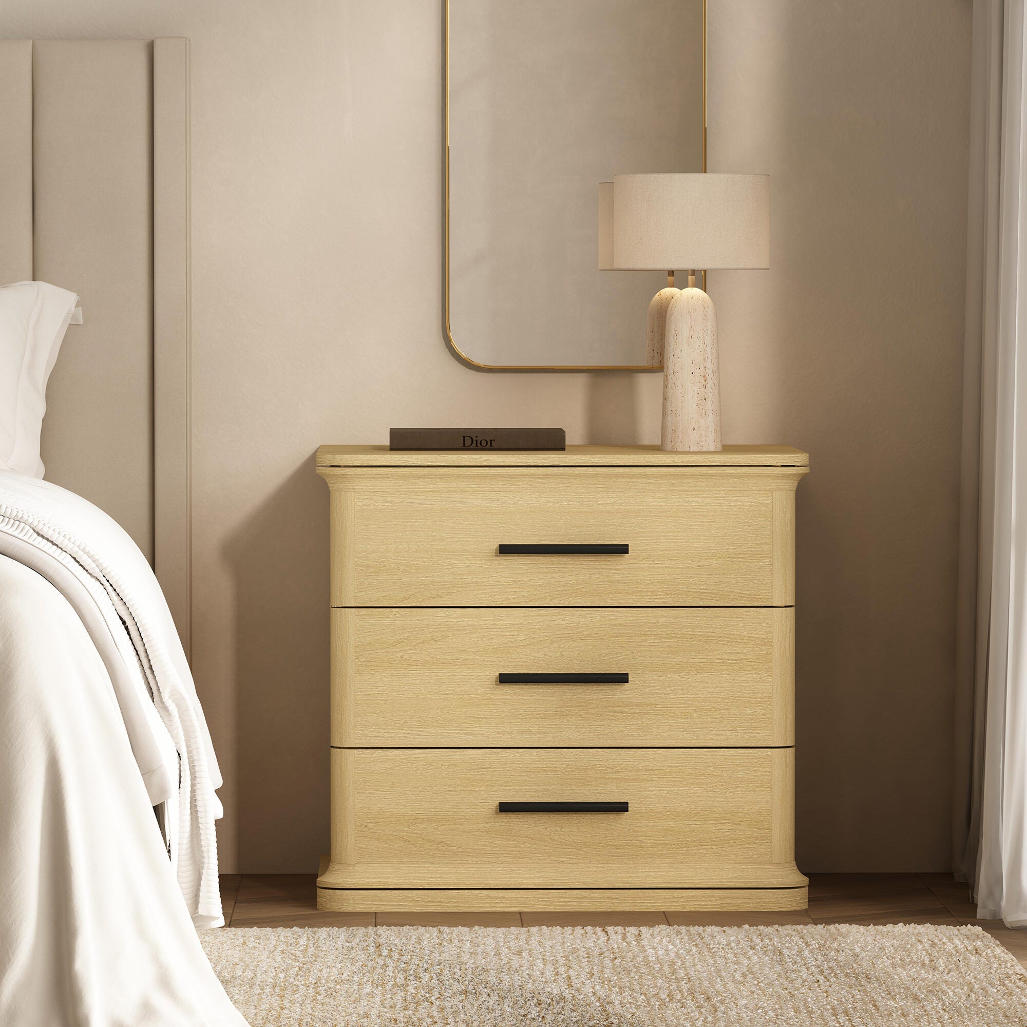 Manhattan Comfort Clifford 31" 3 Drawer Nightstand, Natural Oak/Black, rollover