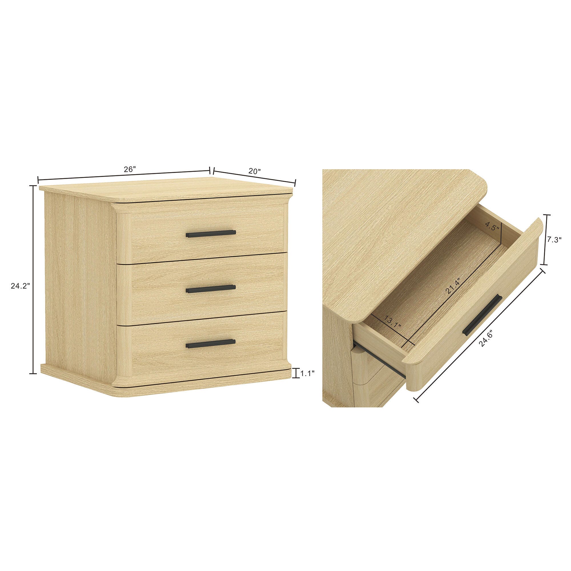 Manhattan Comfort Clifford 31" 3 Drawer Nightstand, Natural Oak/Black, large