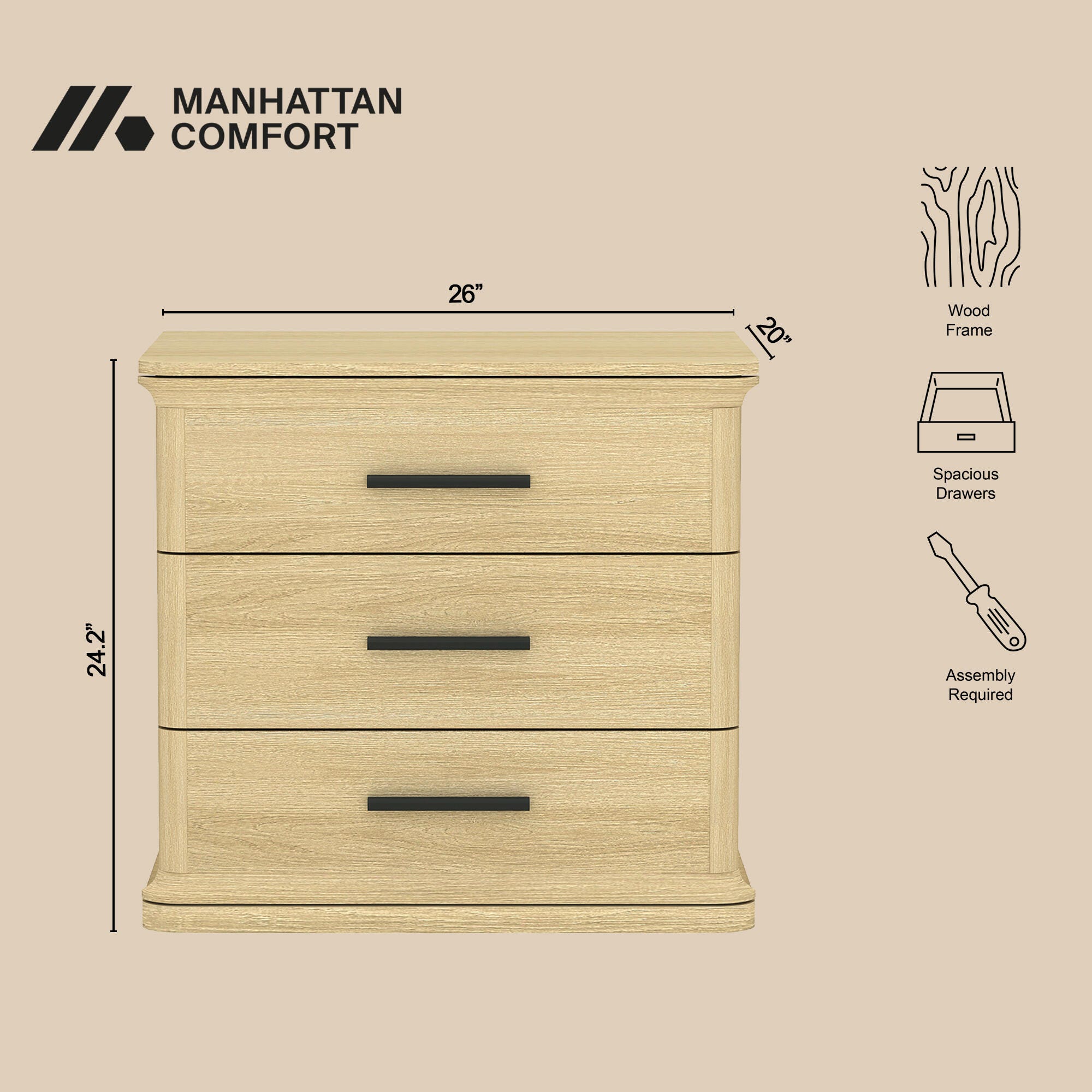 Manhattan Comfort Clifford 31" 3 Drawer Nightstand, Natural Oak/Black, large