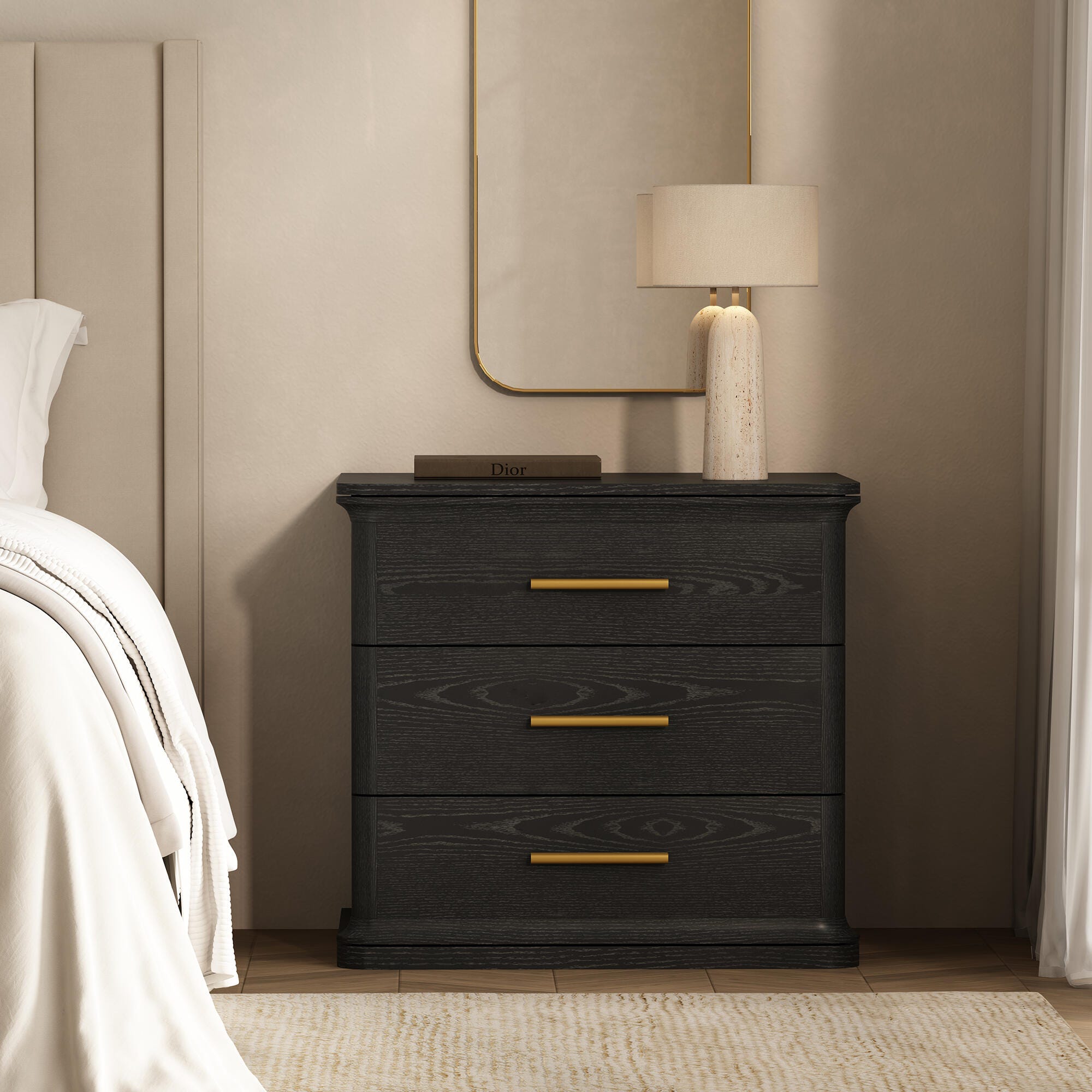 Manhattan Comfort Clifford 31" 3 Drawer Nightstand, Black/Gold, large