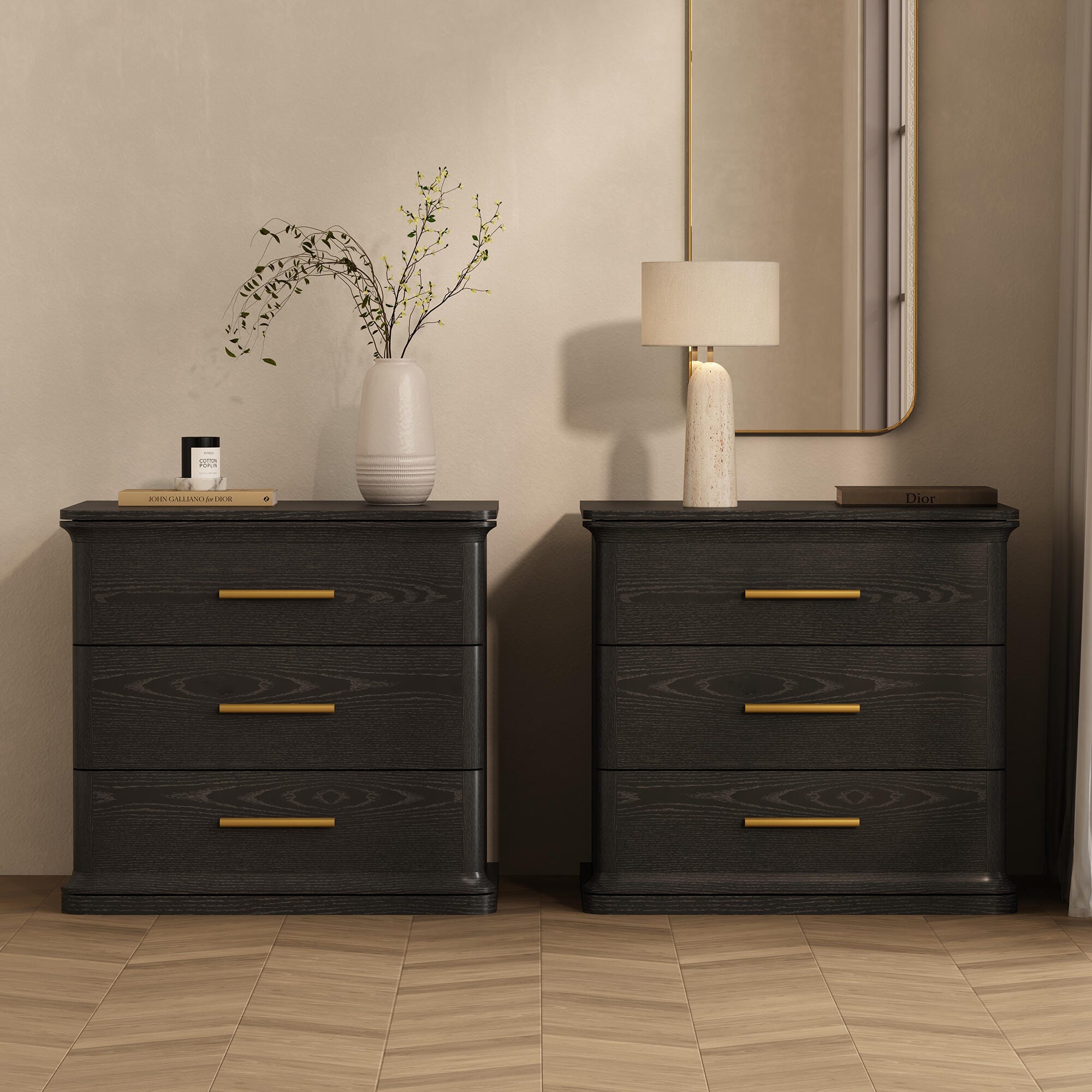 Manhattan Comfort Clifford 31" 3 Drawer Nightstand, Black/Gold, large