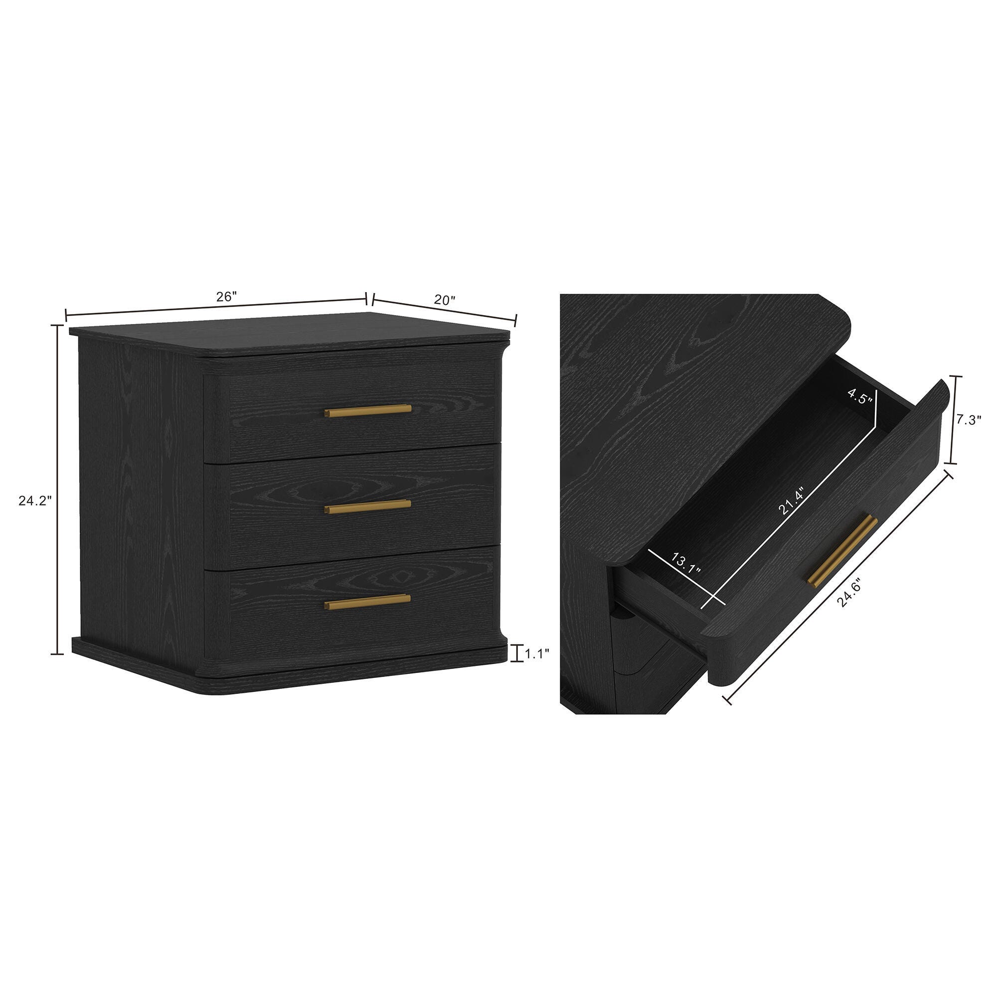 Manhattan Comfort Clifford 31" 3 Drawer Nightstand, Black/Gold, large