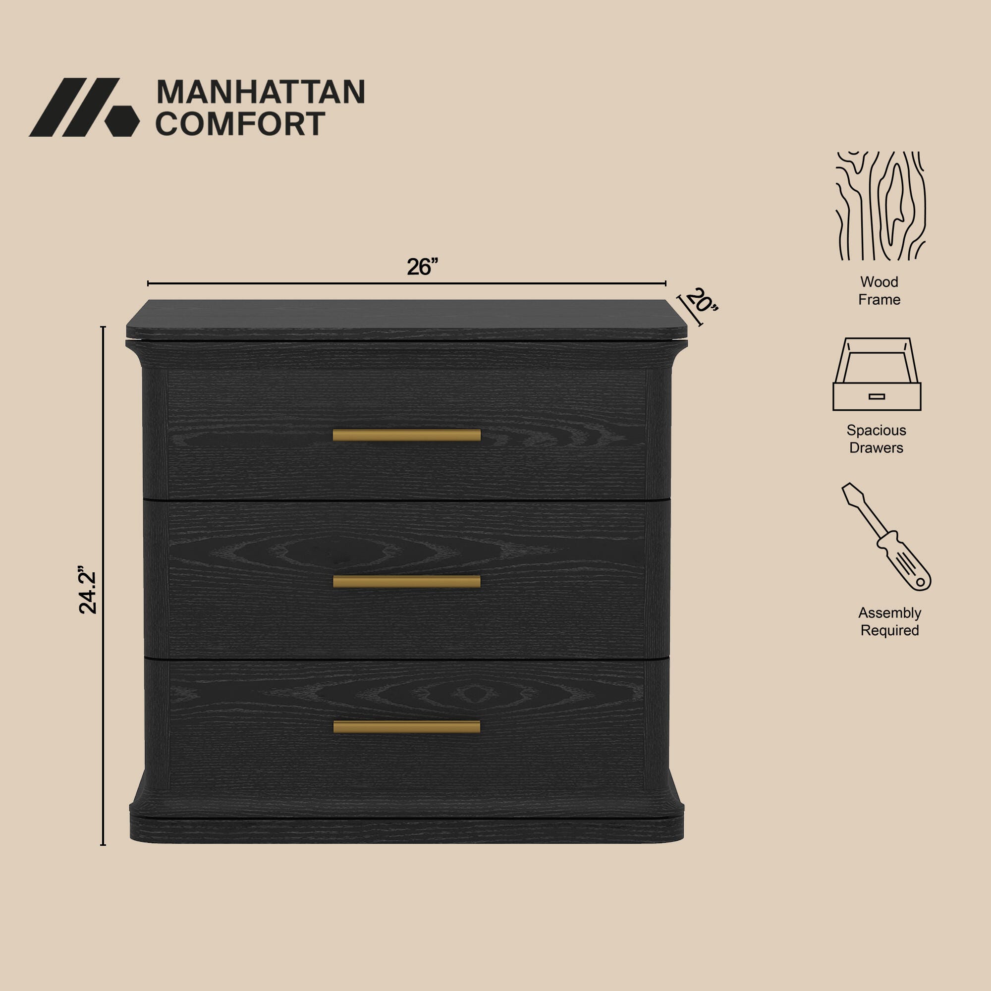 Manhattan Comfort Clifford 31" 3 Drawer Nightstand, Black/Gold, large