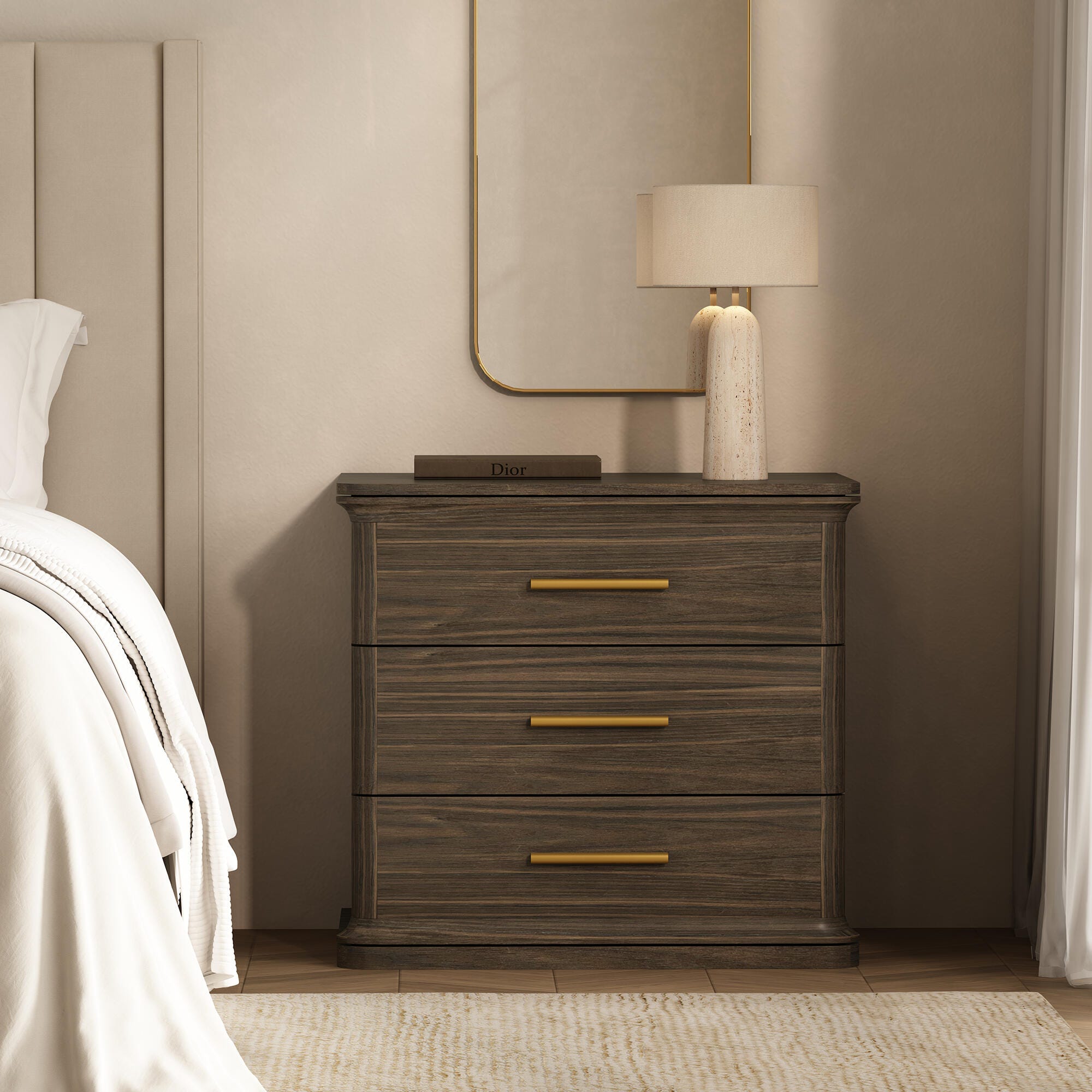 Manhattan Comfort Clifford 31" 3 Drawer Nightstand, Walnut/Gold, rollover