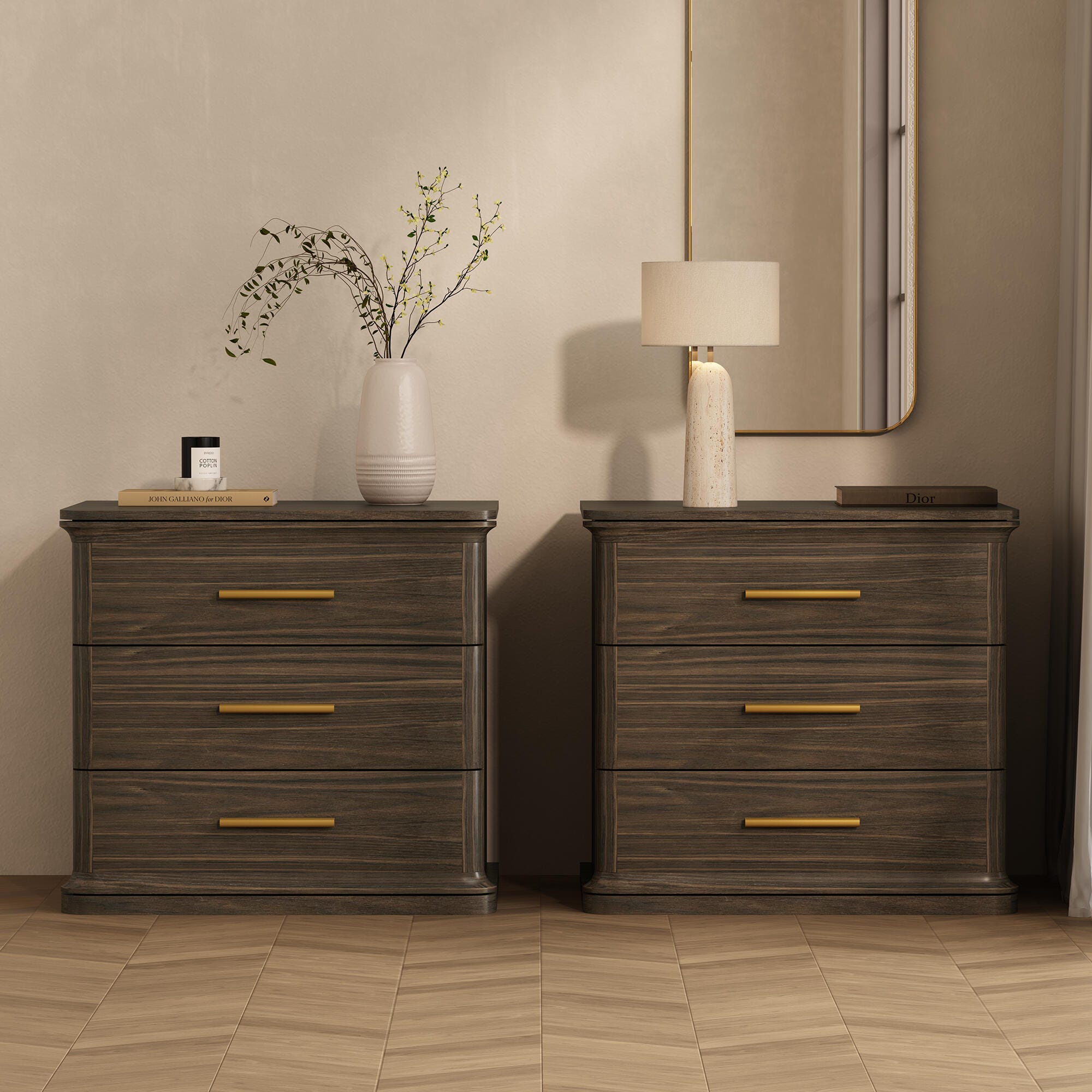 Manhattan Comfort Clifford 31" 3 Drawer Nightstand, Walnut/Gold, large