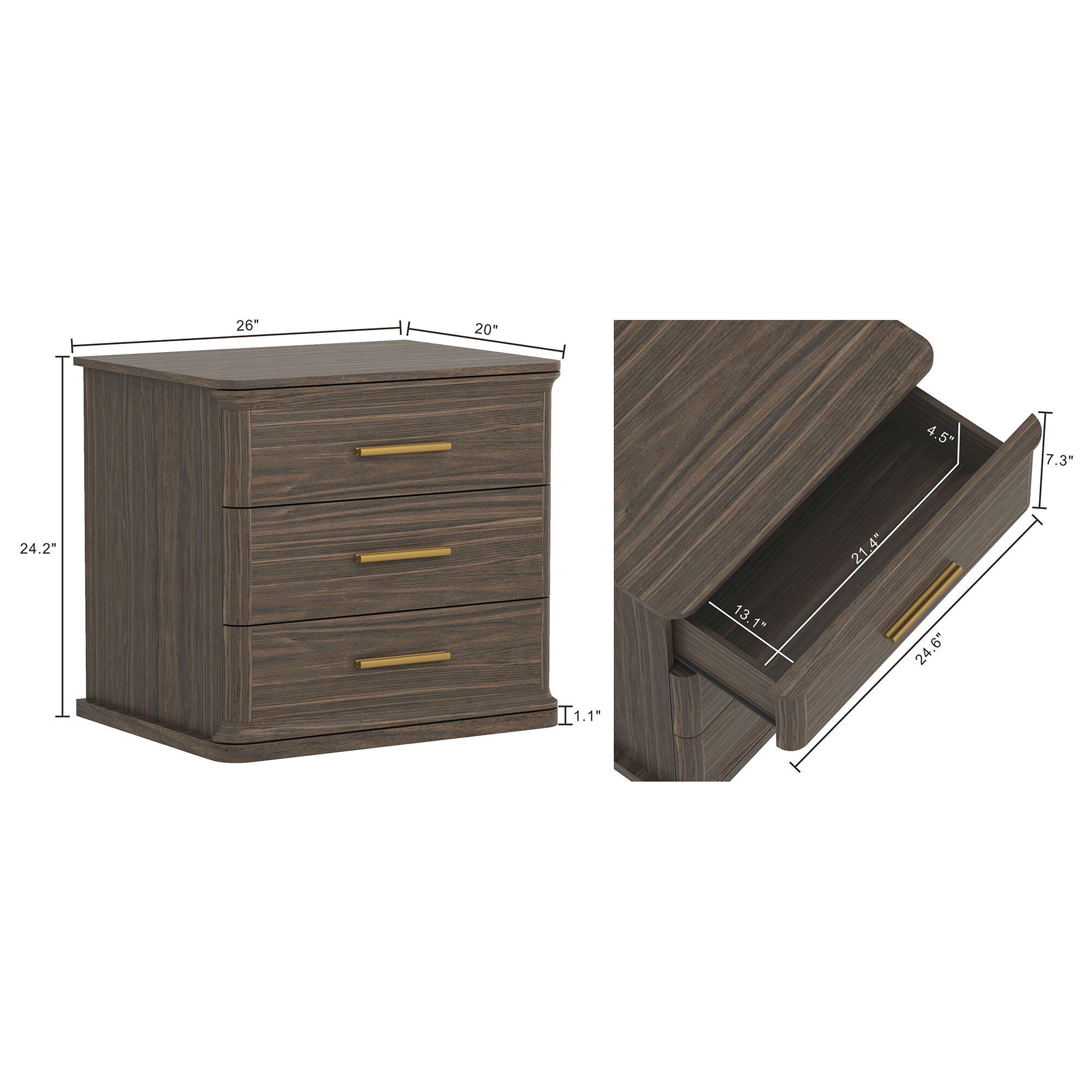 Manhattan Comfort Clifford 31" 3 Drawer Nightstand, Walnut/Gold, large
