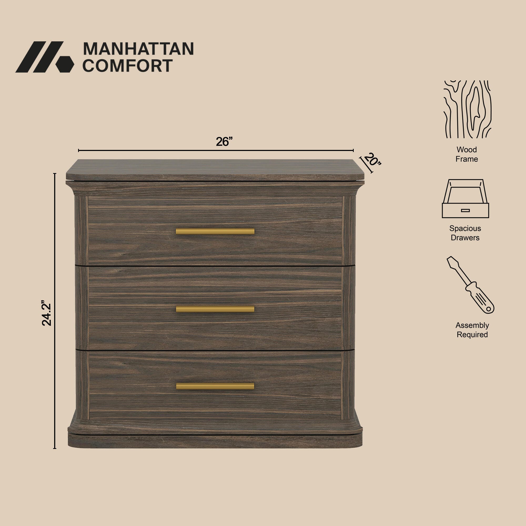 Manhattan Comfort Clifford 31" 3 Drawer Nightstand, Walnut/Gold, large