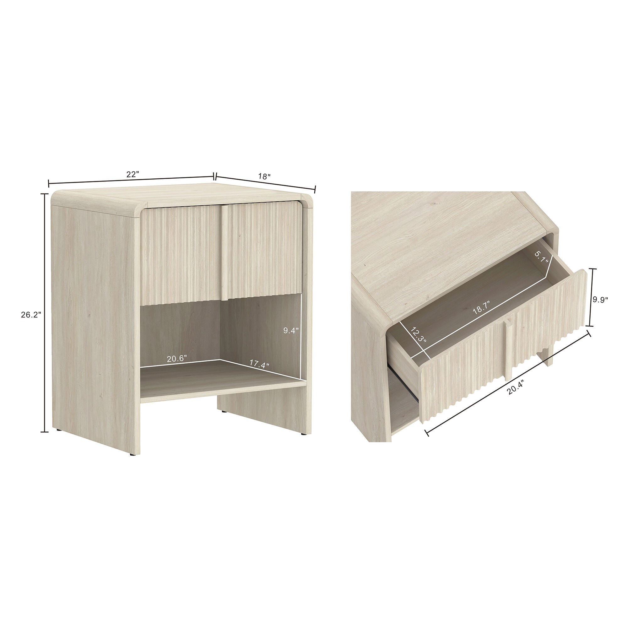 Manhattan Comfort Novara 22" 1 Drawer Nightstand, Whitewashed Oak, large