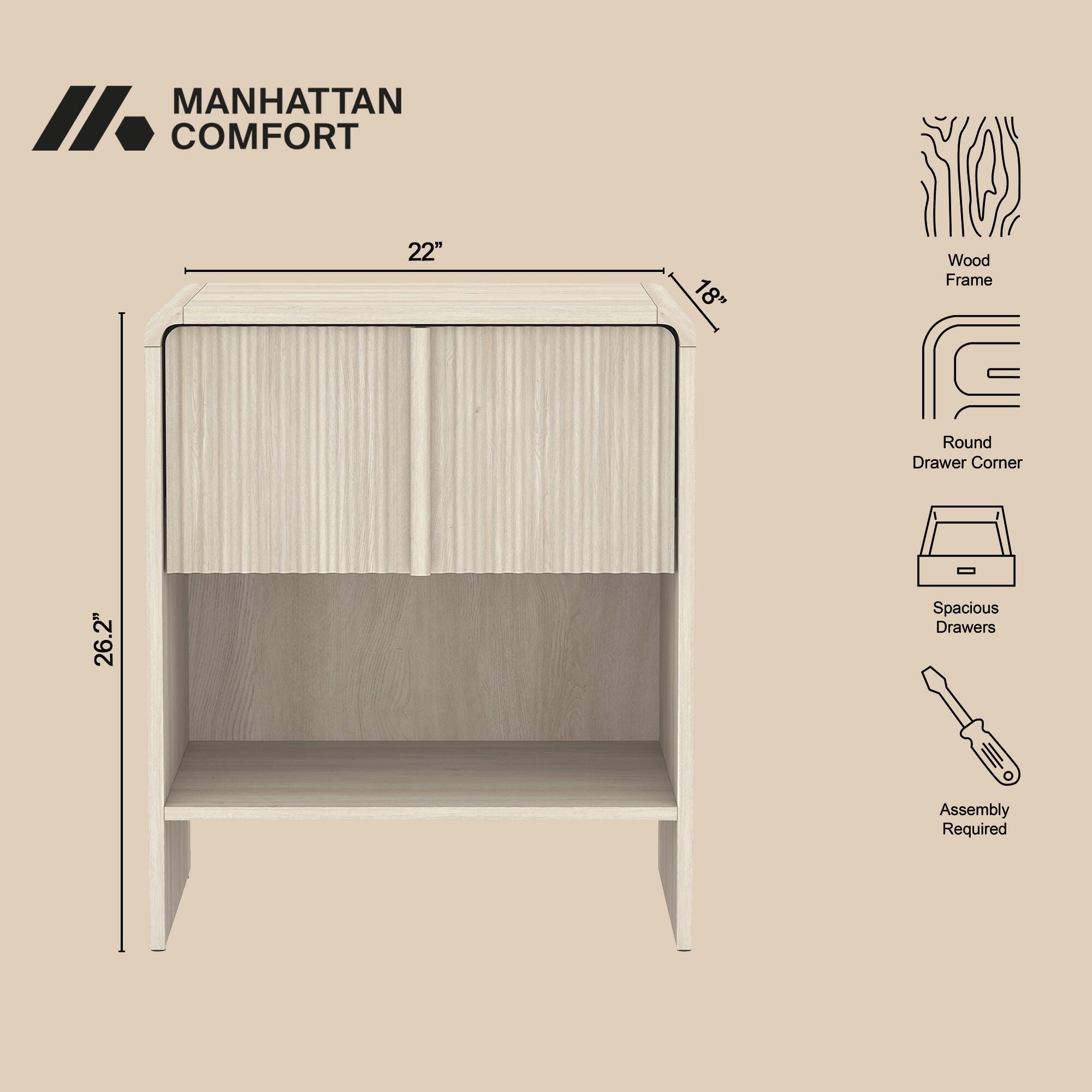 Manhattan Comfort Novara 22" 1 Drawer Nightstand, Whitewashed Oak, large