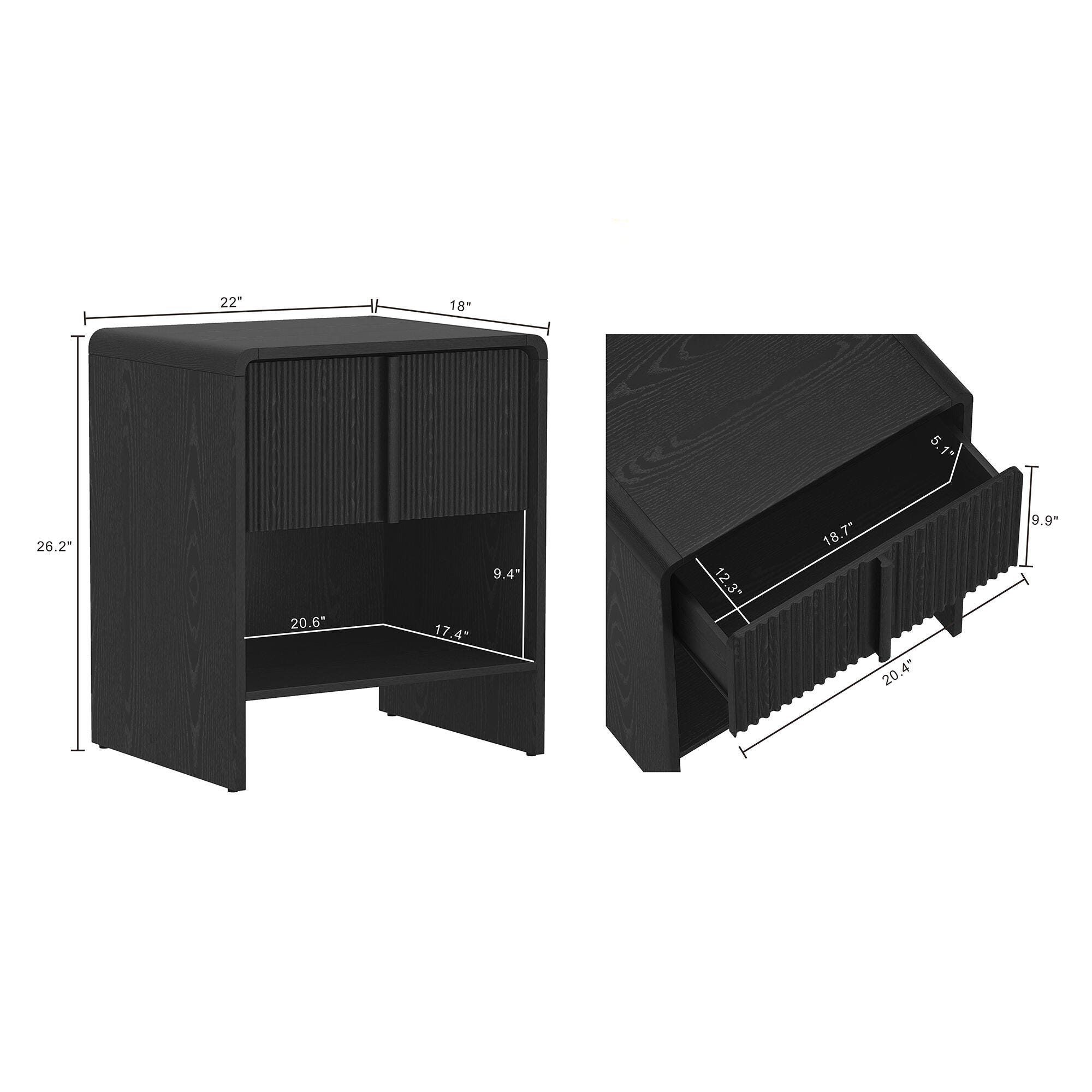 Manhattan Comfort Novara 22" 1 Drawer Nightstand, Black, large