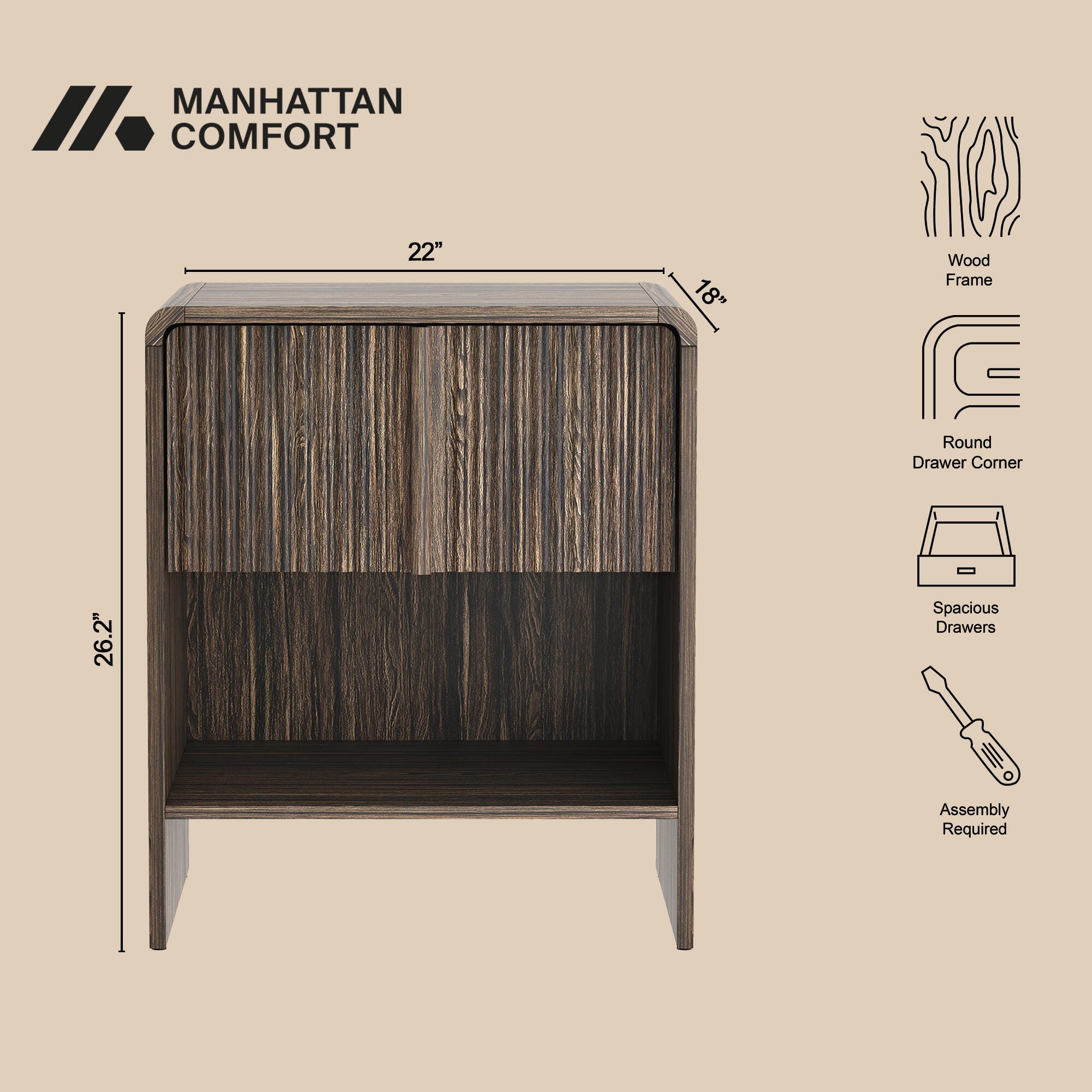 Manhattan Comfort Novara 22" 1 Drawer Nightstand, Jacobean Walnut, large