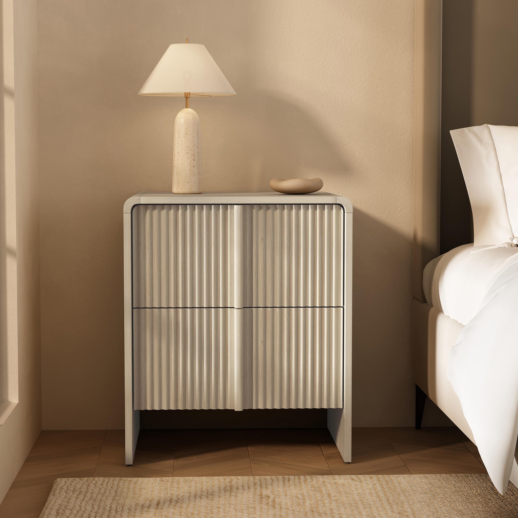 Manhattan Comfort Novara 22" 2 Drawer Nightstand, Whitewashed Oak, rollover