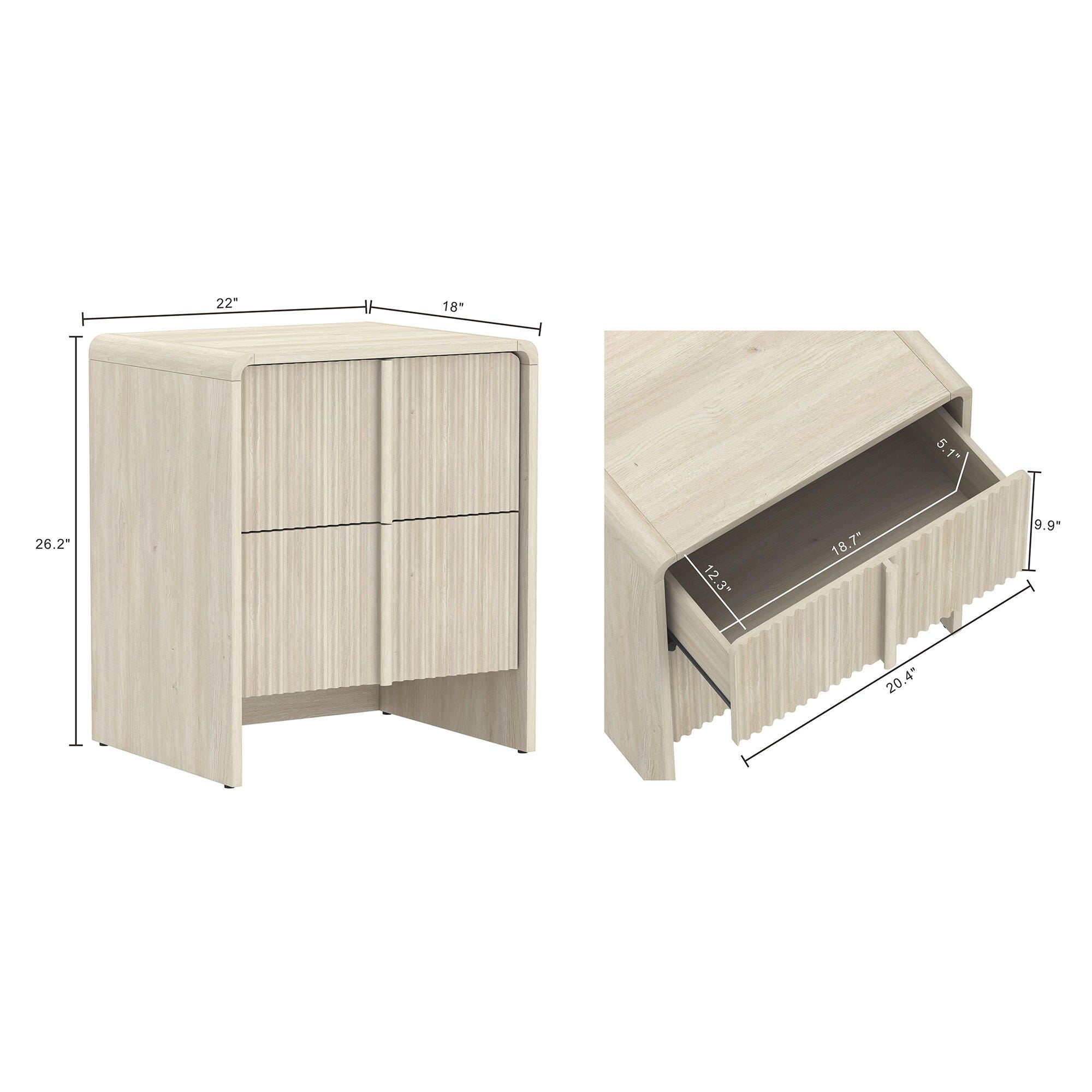 Manhattan Comfort Novara 22" 2 Drawer Nightstand, Whitewashed Oak, large