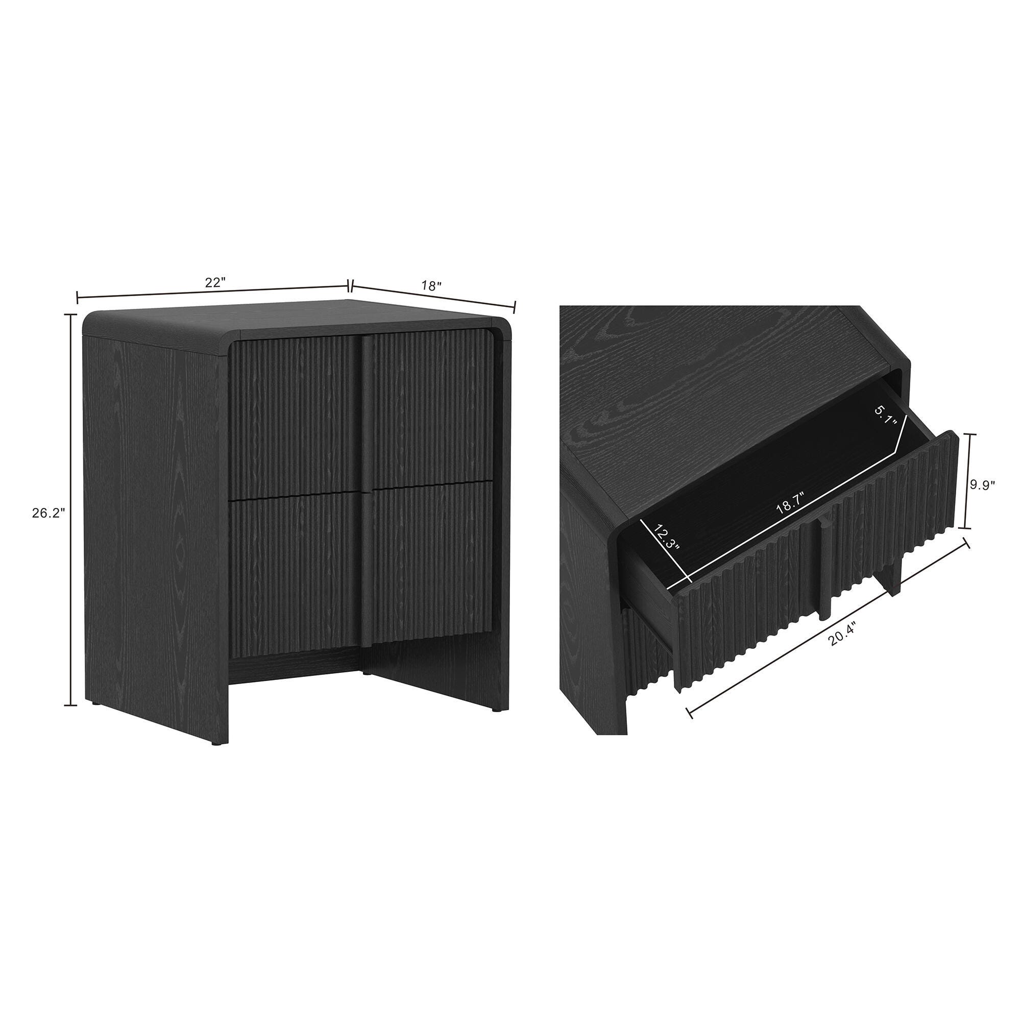Manhattan Comfort Novara 22" 2 Drawer Nightstand, Black, large