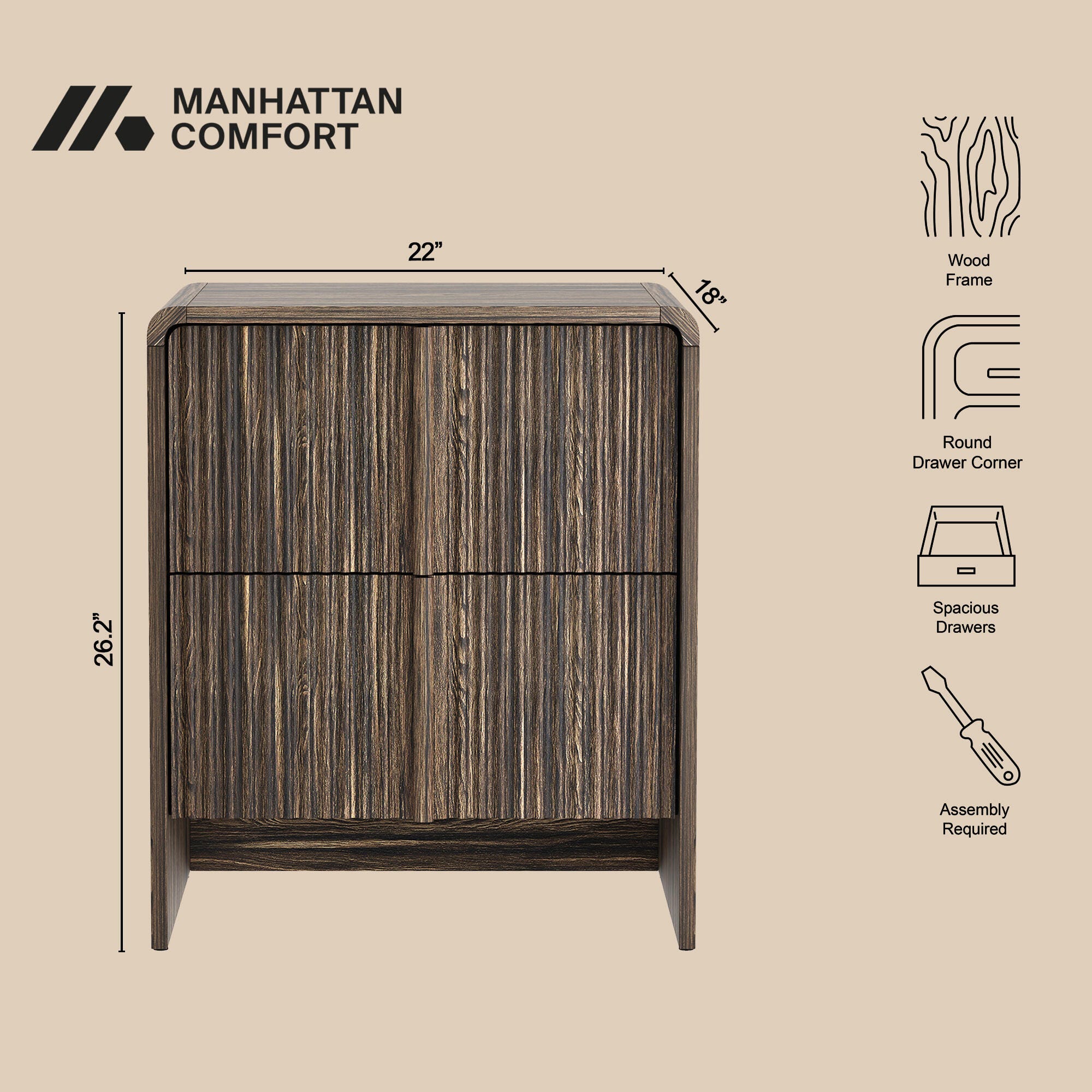 Manhattan Comfort Novara 22" 2 Drawer Nightstand, Jacobean Walnut, large