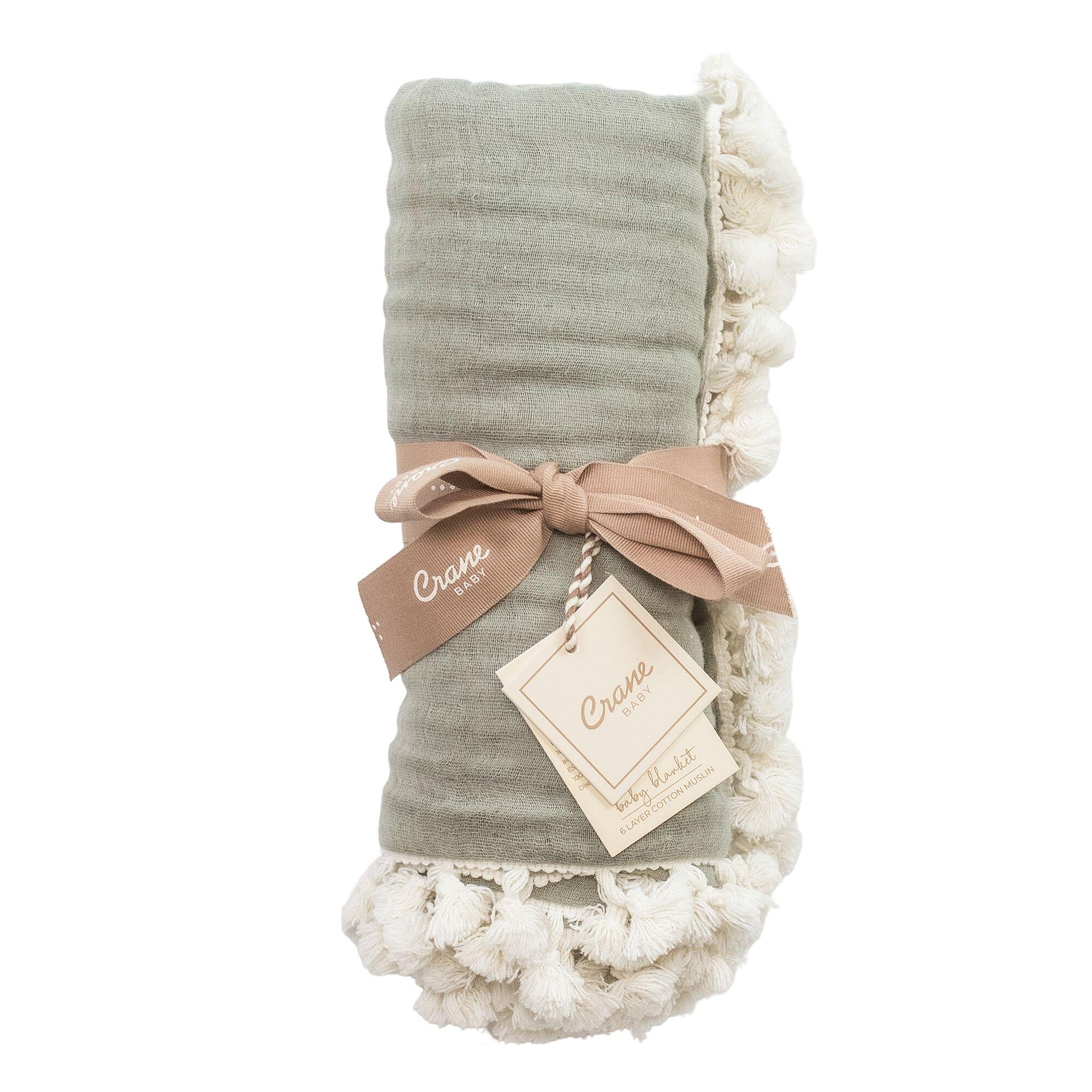 Crane Baby Tasseled Baby Blanket, Green, large