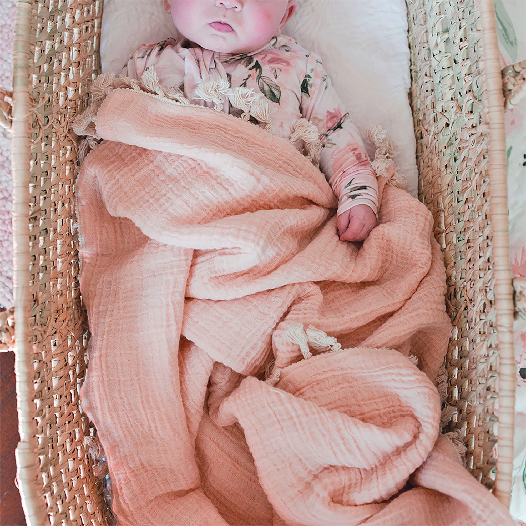 Crane Baby Tasseled Baby Blanket, Pink, large