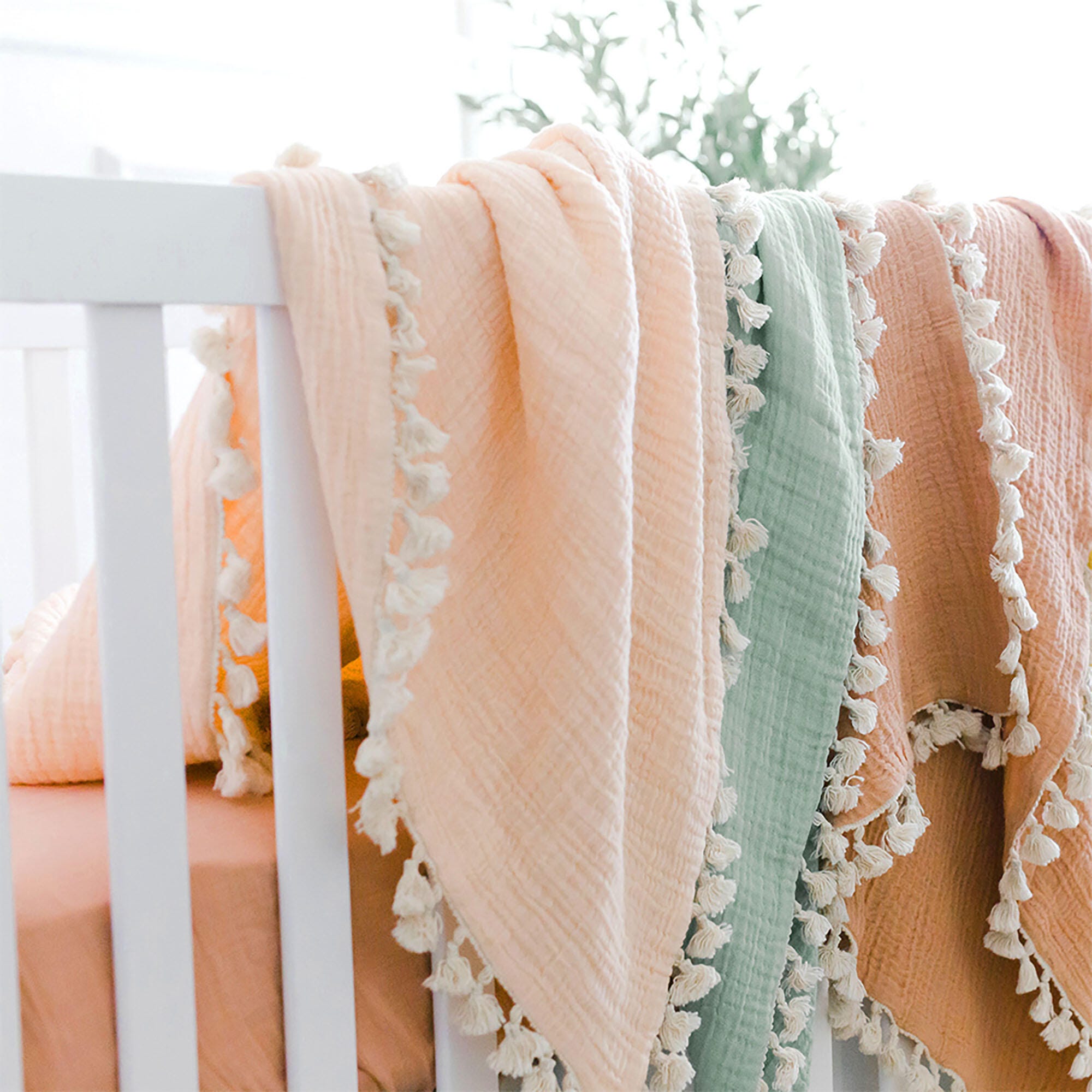 Crane Baby Tasseled Baby Blanket, Pink, large