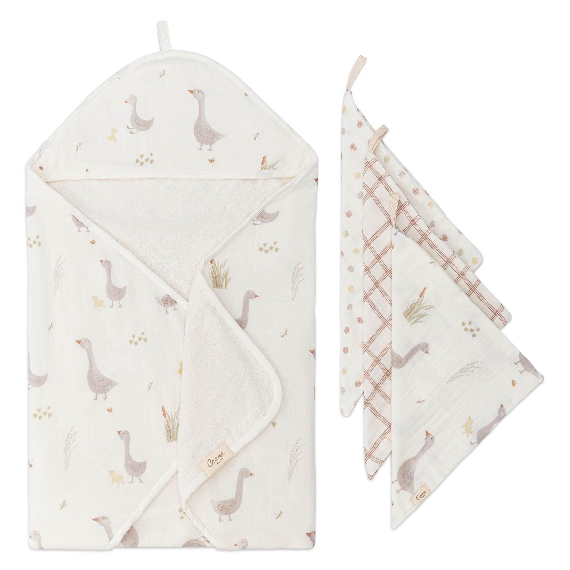 Crane Baby Charlie Goose Baby Bath Towel and Wash Cloth (Set of 3), Beige